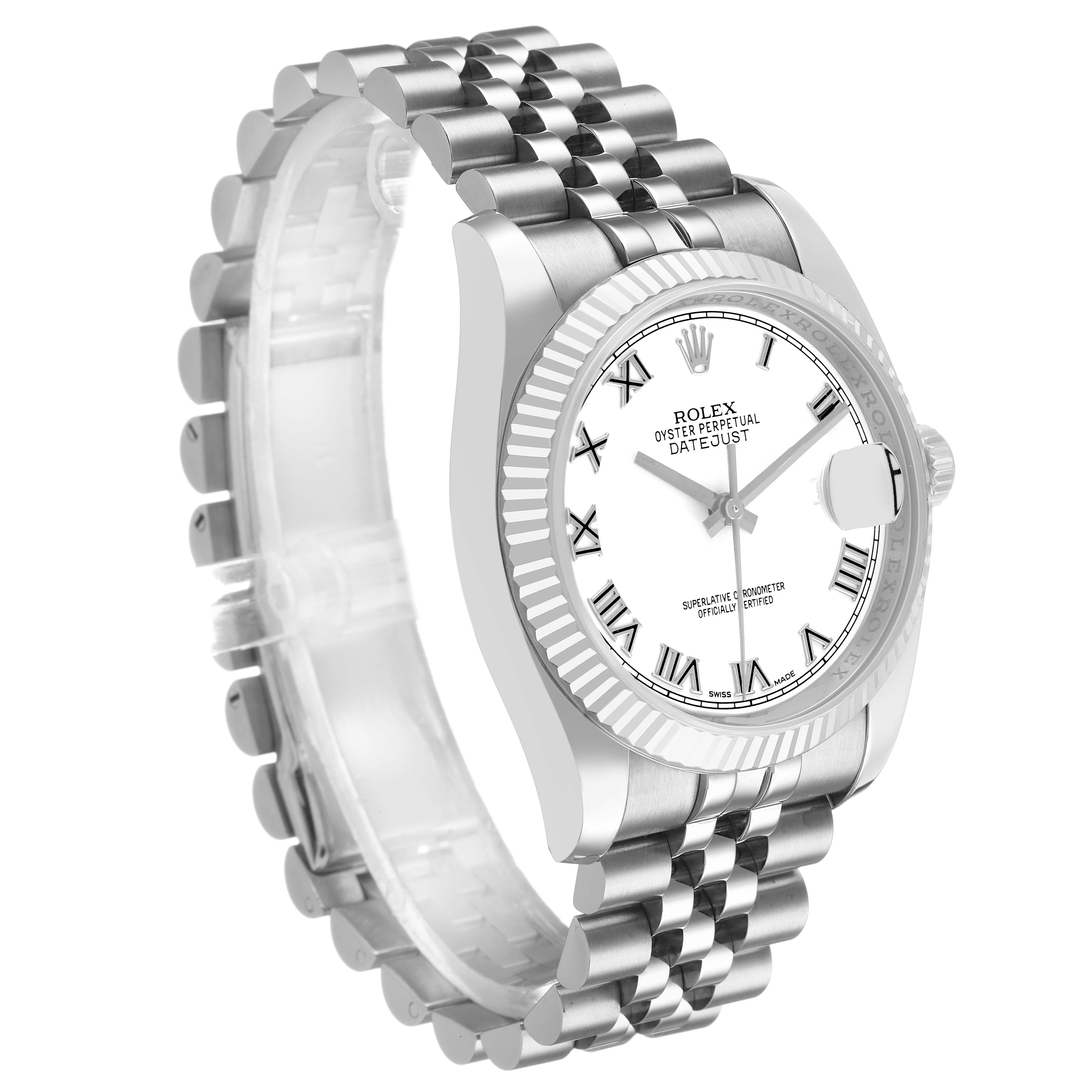 The Rolex Datejust 116234 Men's Stainless Steel White Dial is shown at an angle displaying its face, fluted bezel, and Jubilee bracelet.