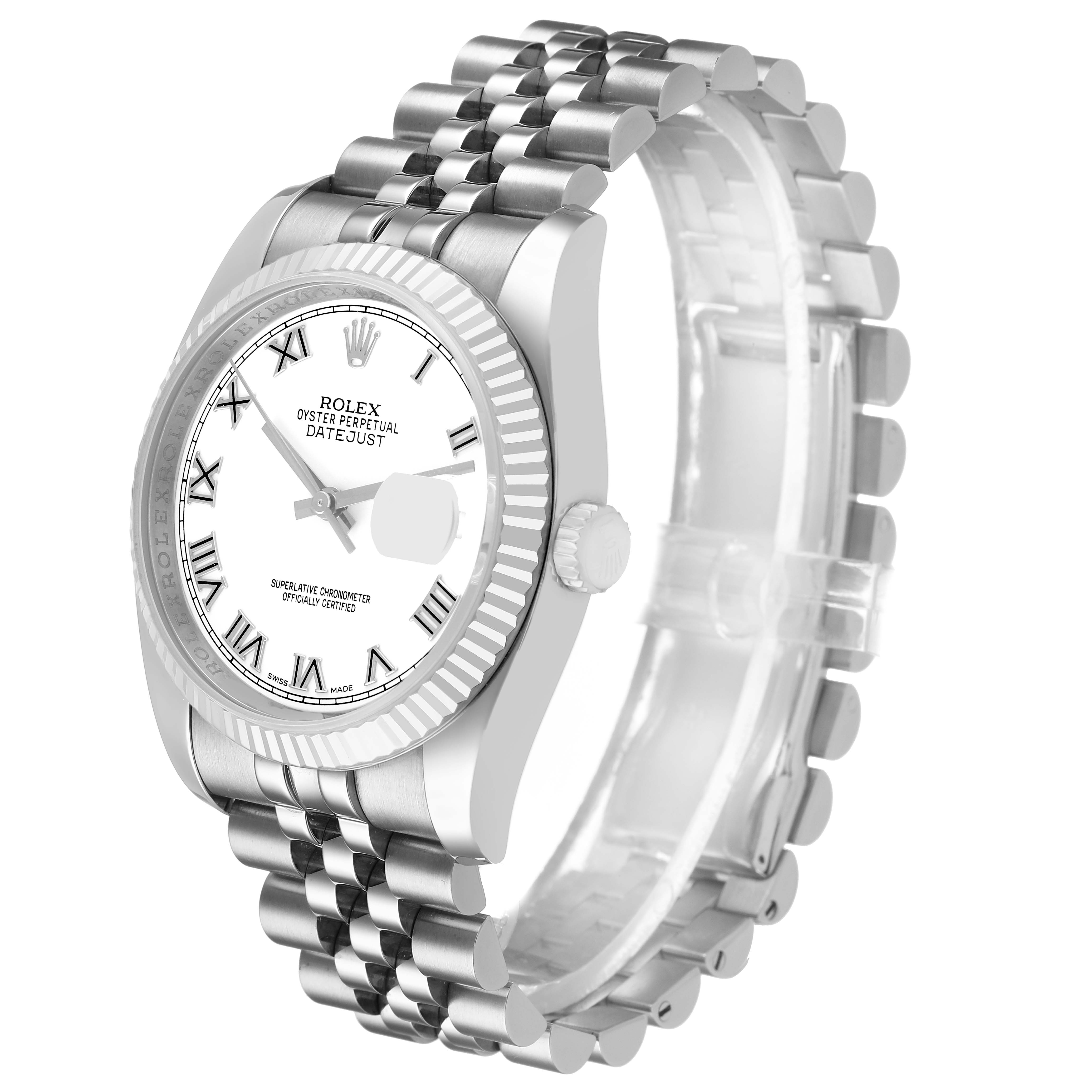 The Rolex Datejust 116234 Men's Stainless Steel White Dial watch is shown at a three-quarter angle, highlighting the dial, bezel, crown, and bracelet.