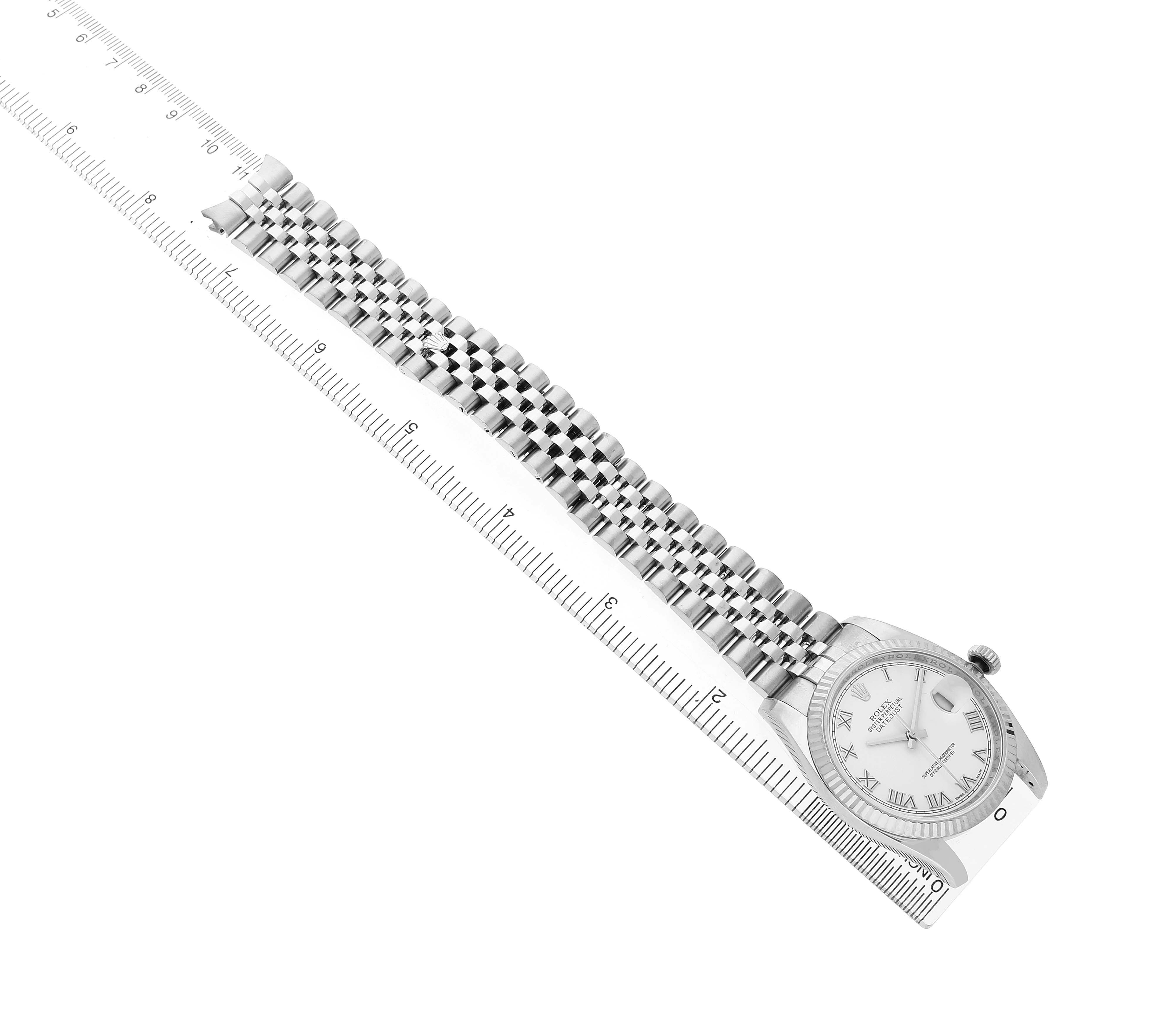 The Rolex Datejust 116234 Men's Stainless Steel White Dial watch is shown from an angled top view, displaying the face, case, and bracelet.