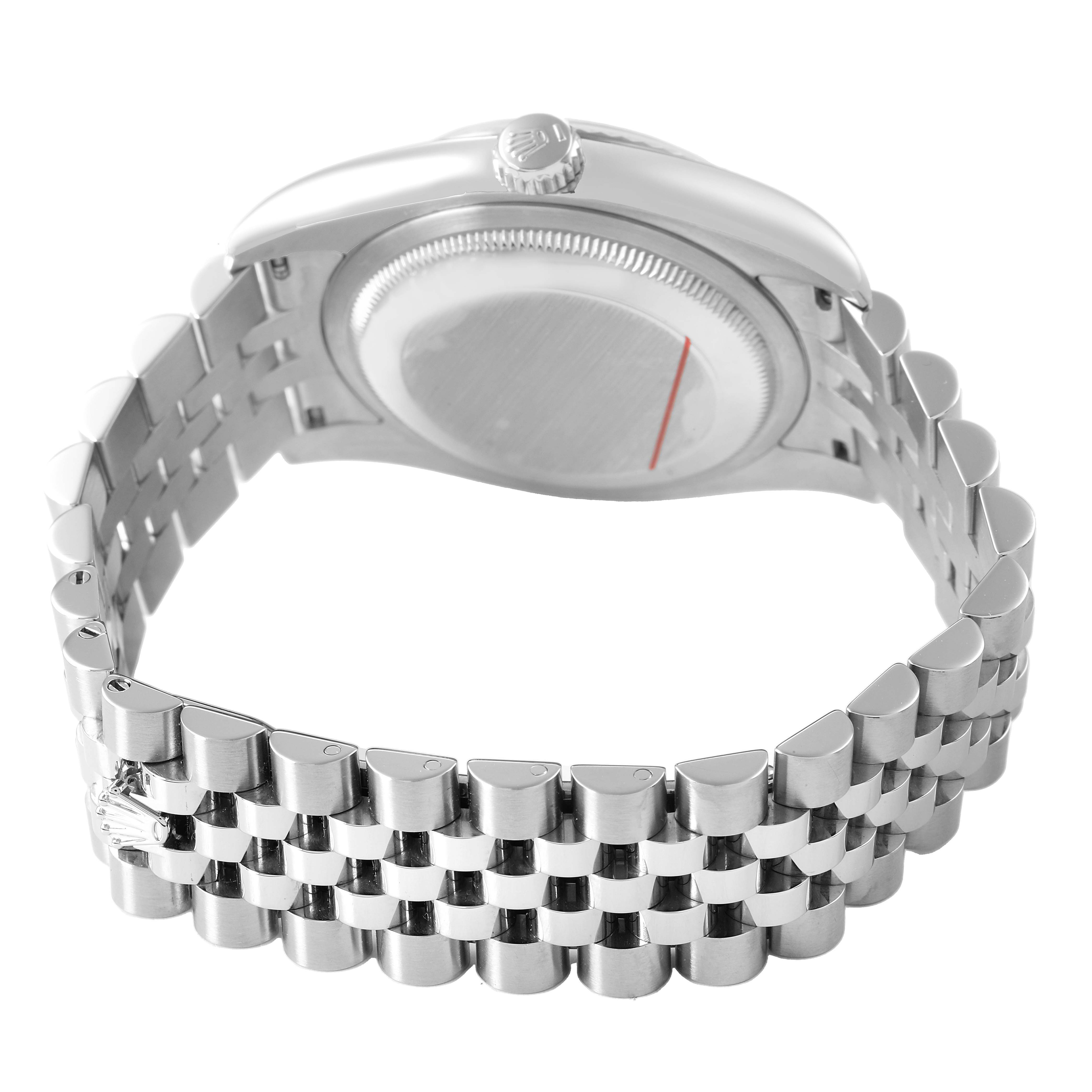 The image shows the backside of a Rolex Datejust 116234 Men's Stainless Steel White Dial watch, highlighting the case back, crown, and Jubilee bracelet.