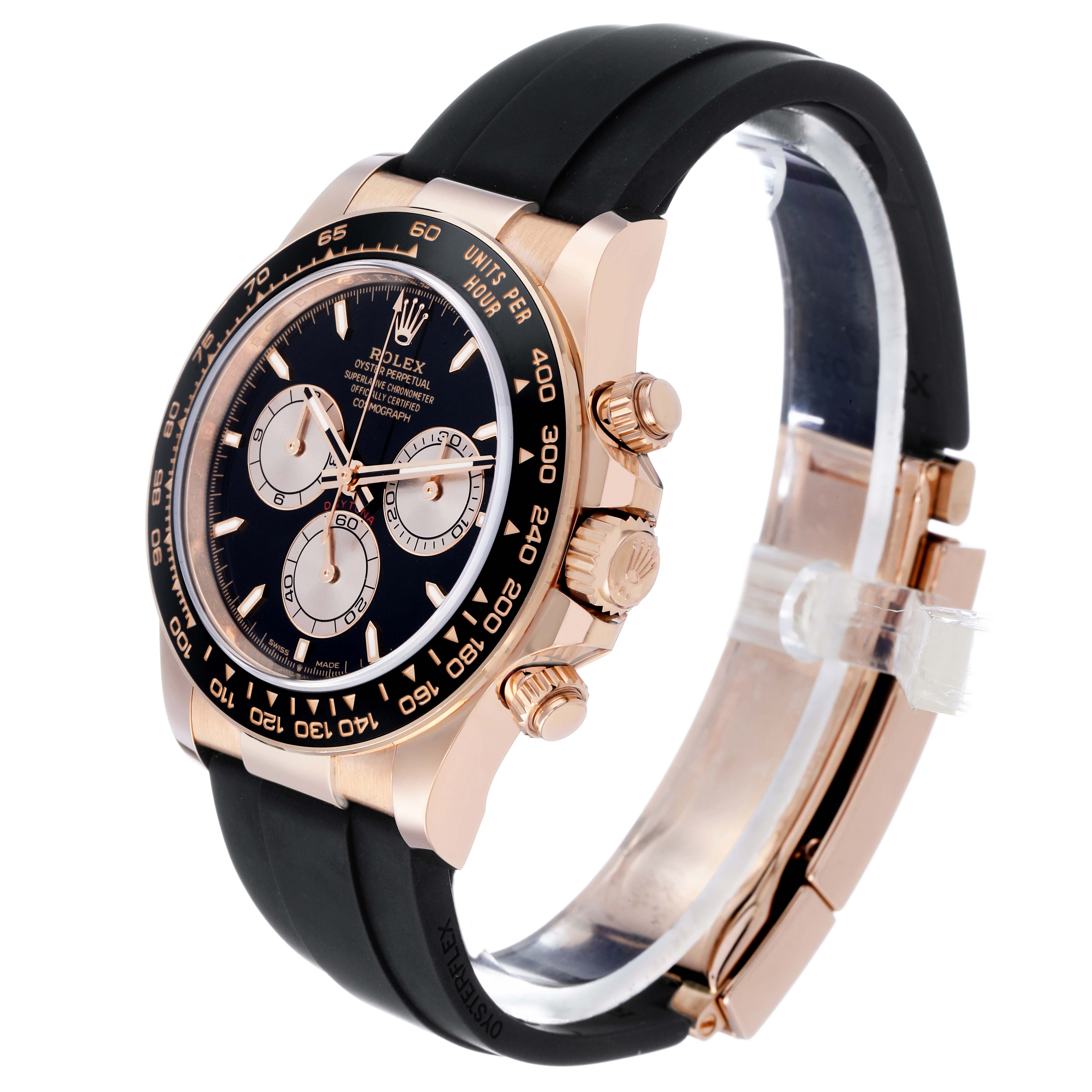 The Rolex Daytona 126515LN Men's Rose Gold Black Dial watch is shown at a side angle, displaying the face, bezel, crown, pushers, and part of the strap.
