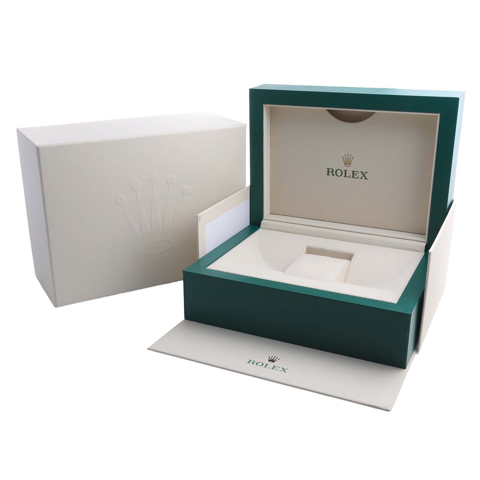 The image shows the open packaging box of a Rolex Daytona 126515LN Men's Rose Gold Black Dial, including the outer box and inner case.