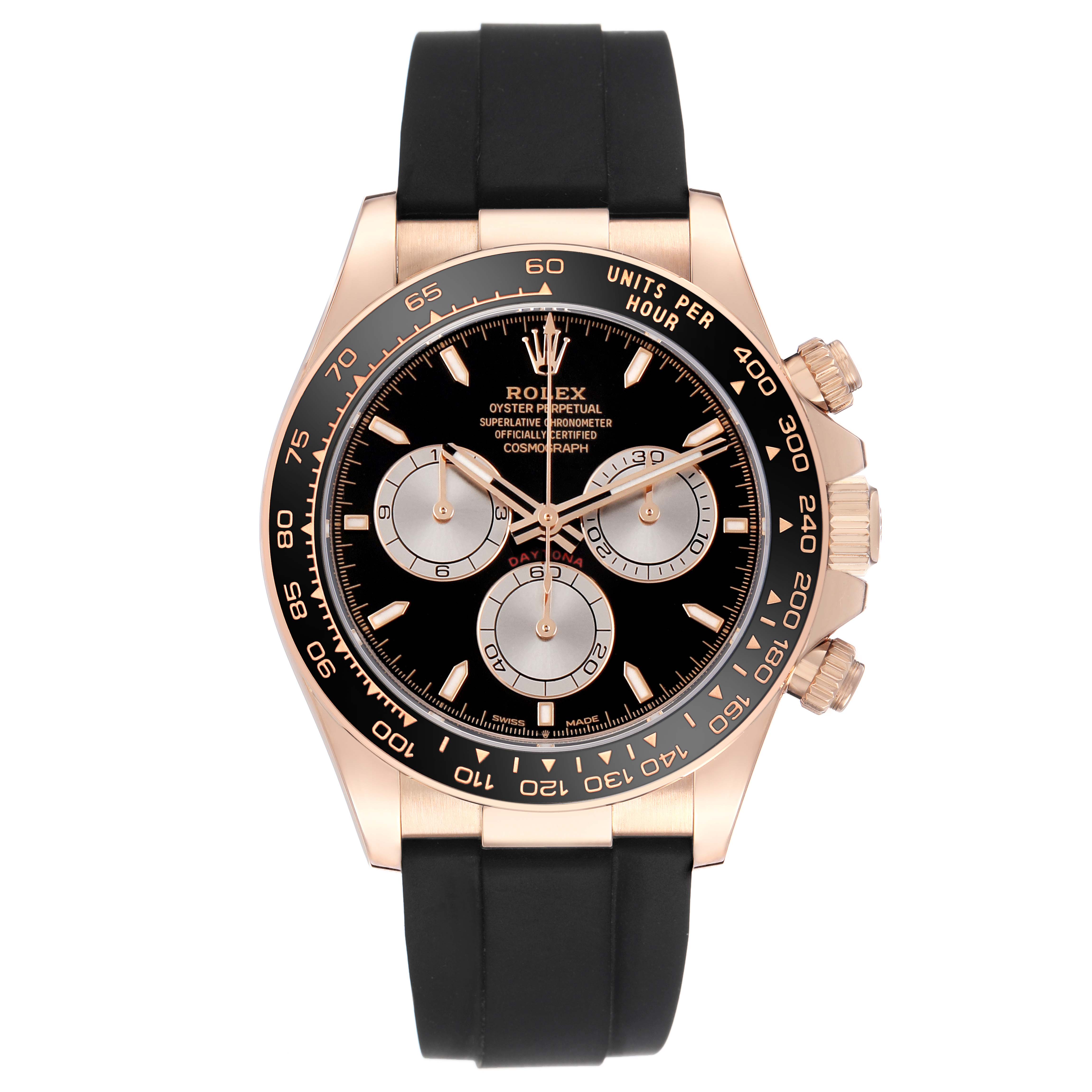 The Rolex Daytona 126515LN Men's Rose Gold Black Dial watch is shown from the front, highlighting the dial, bezel, and pushers.