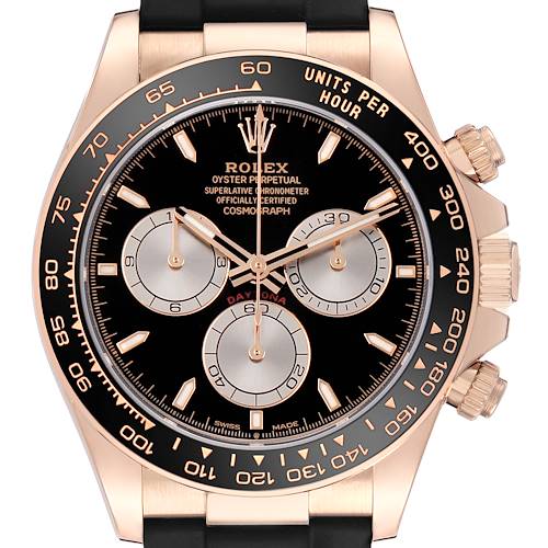 The Rolex Daytona 126515LN Men's Rose Gold Black Dial watch is shown from the front, highlighting the bezel, dial, and sub-dials.