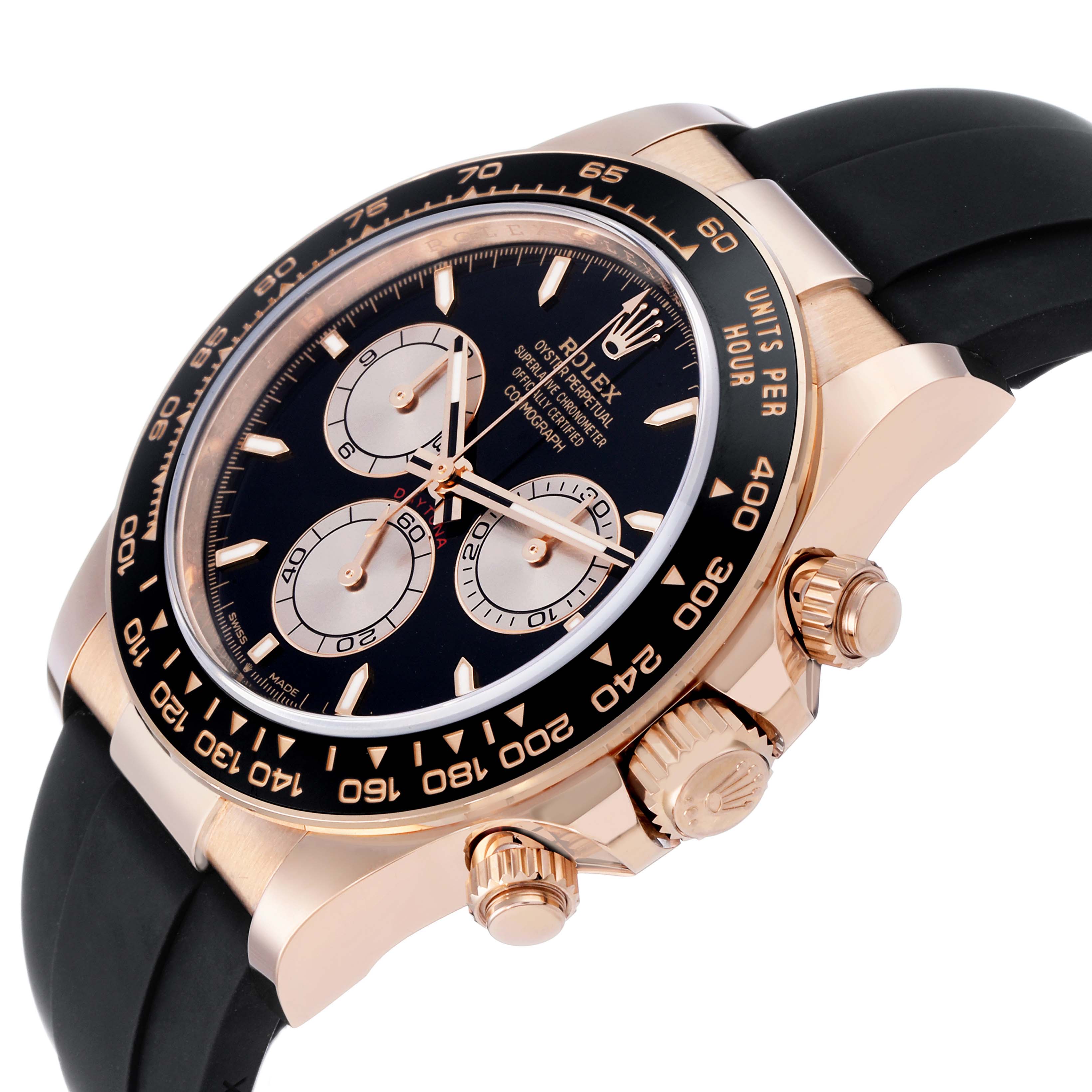 The Rolex Daytona 126515LN Men's Rose Gold Black Dial watch is shown at a side angle, highlighting the bezel, crown, and strap.