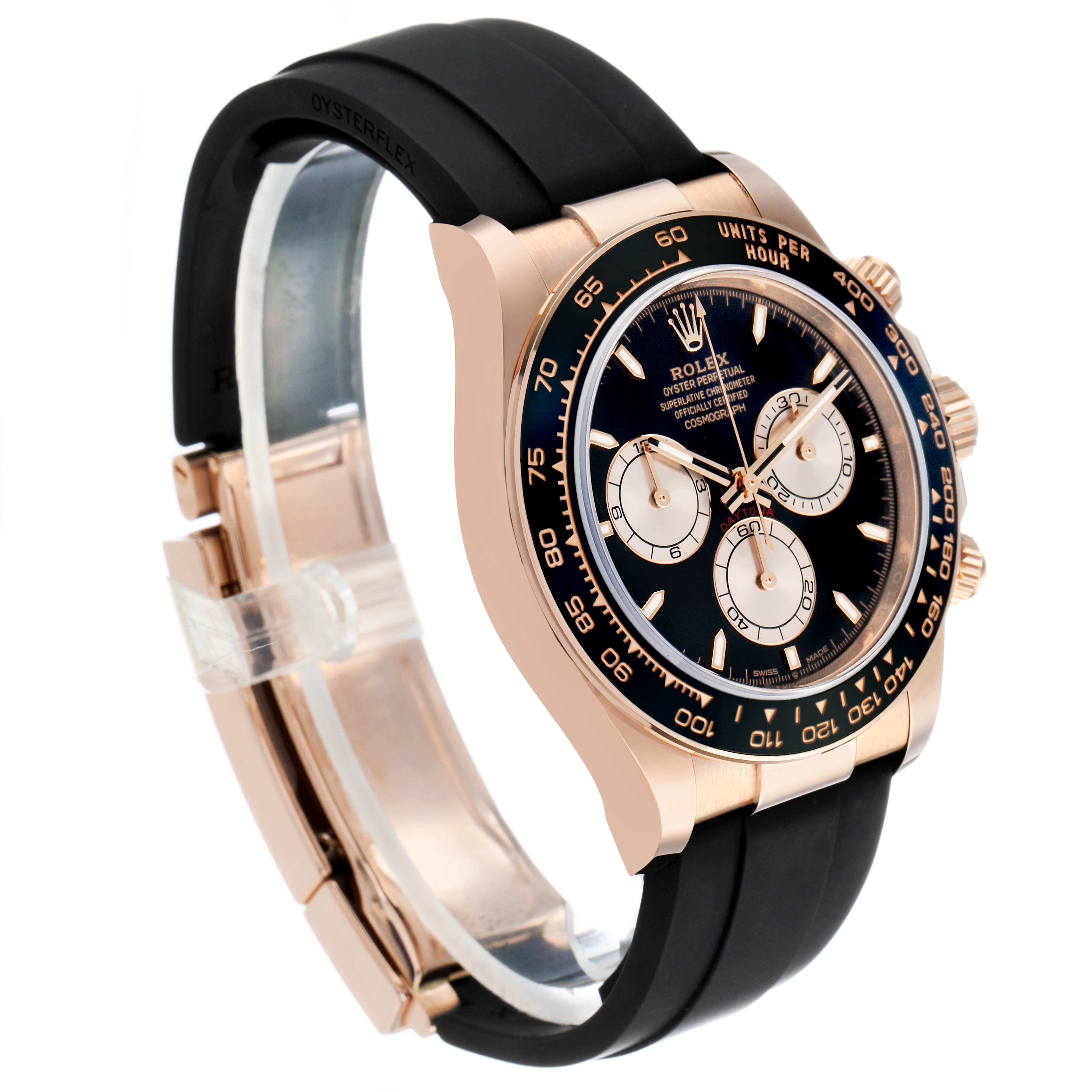 The Rolex Daytona 126515LN Men's Rose Gold Black Dial watch is shown at a slight side angle, highlighting the face, bezel, and Oysterflex strap.