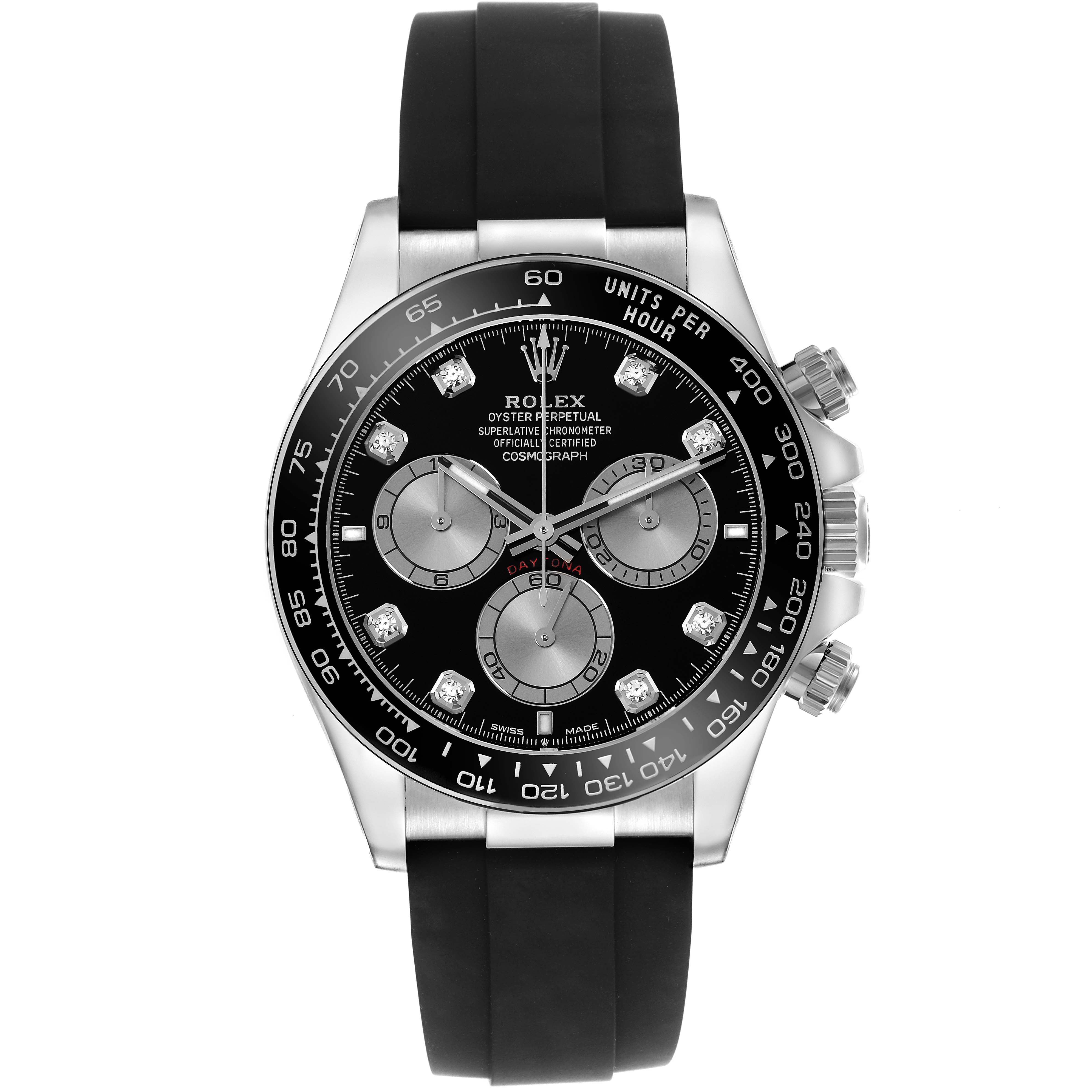 The image shows the Rolex Daytona 126519 Men's White Gold Grey Dial 126519 Men's White Gold Grey Dial watch from a front angle, highlighting the dial, subdials, bezel, and strap.