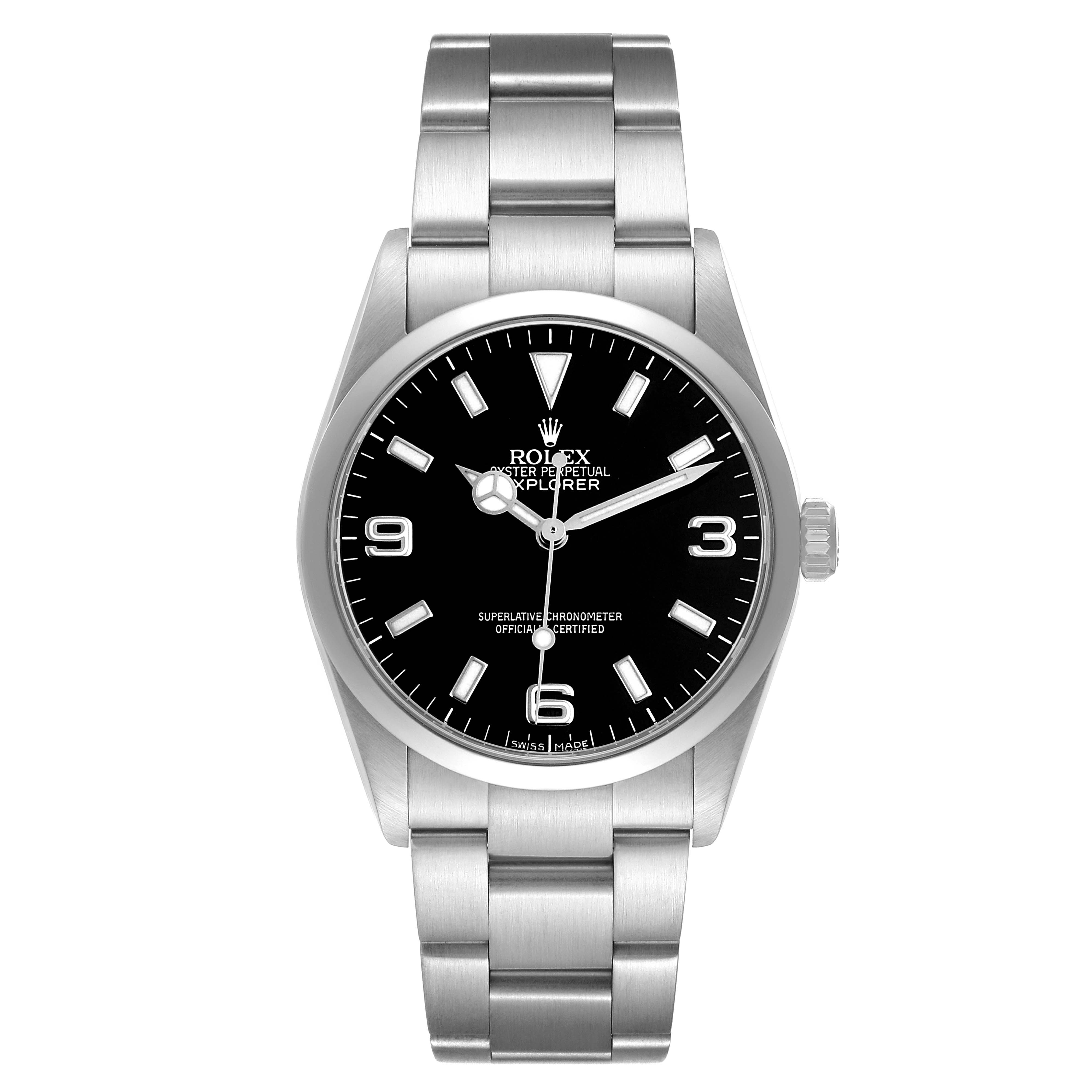 The image shows a Rolex Explorer 114270 Men's Stainless Steel Black Dial watch from the front, displaying its dial, case, and bracelet.