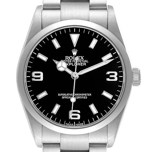 The Rolex Explorer 114270 Men's Stainless Steel Black Dial watch is shown from a front view, highlighting the dial, hour markers, and part of the bracelet.