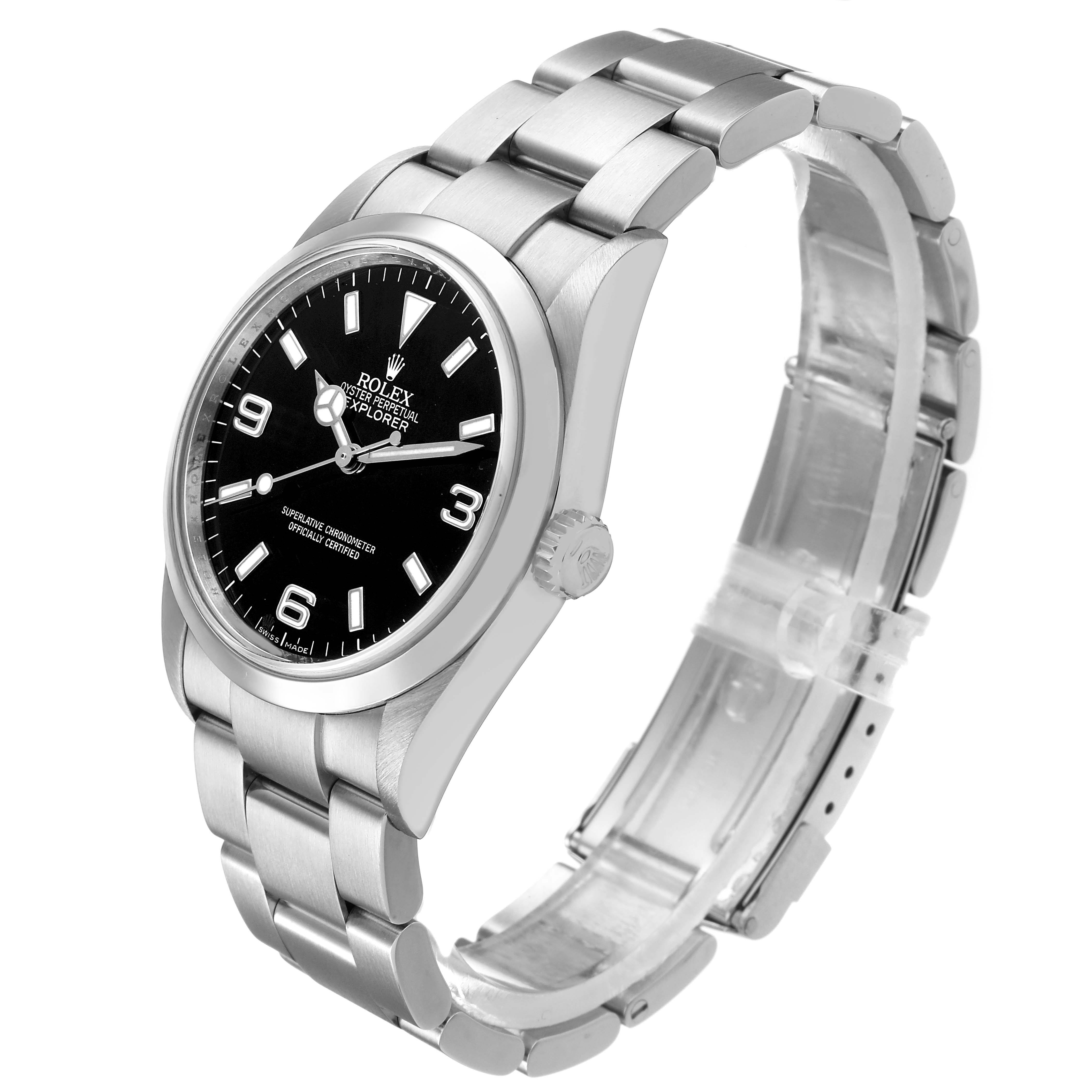The Rolex Explorer 114270 Men's Stainless Steel Black Dial watch is shown at a slight angle, displaying the face, bezel, crown, and part of the bracelet.