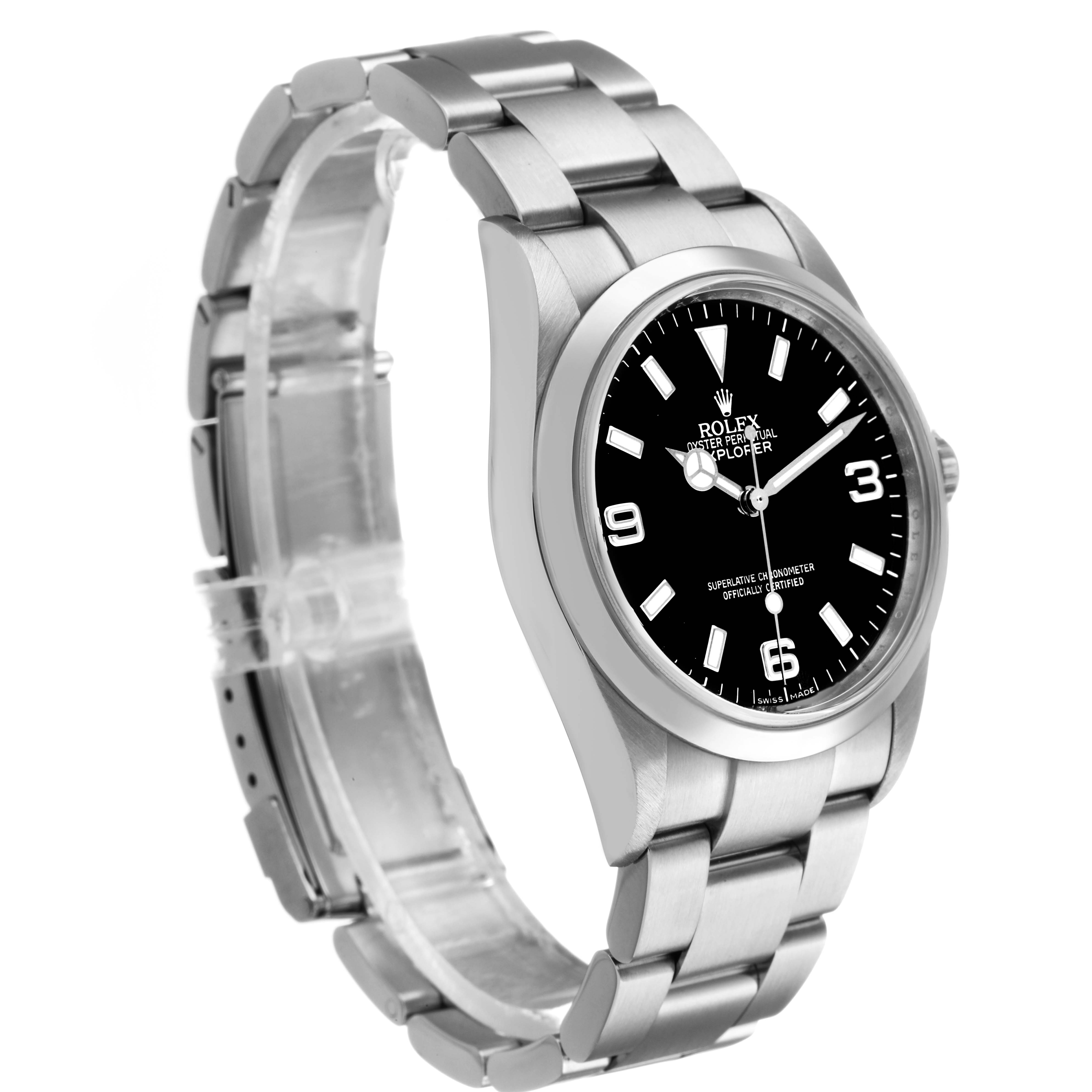 The Rolex Explorer 114270 Men's Stainless Steel Black Dial watch is shown at a three-quarter angle, displaying its face, bezel, bracelet, and clasp.