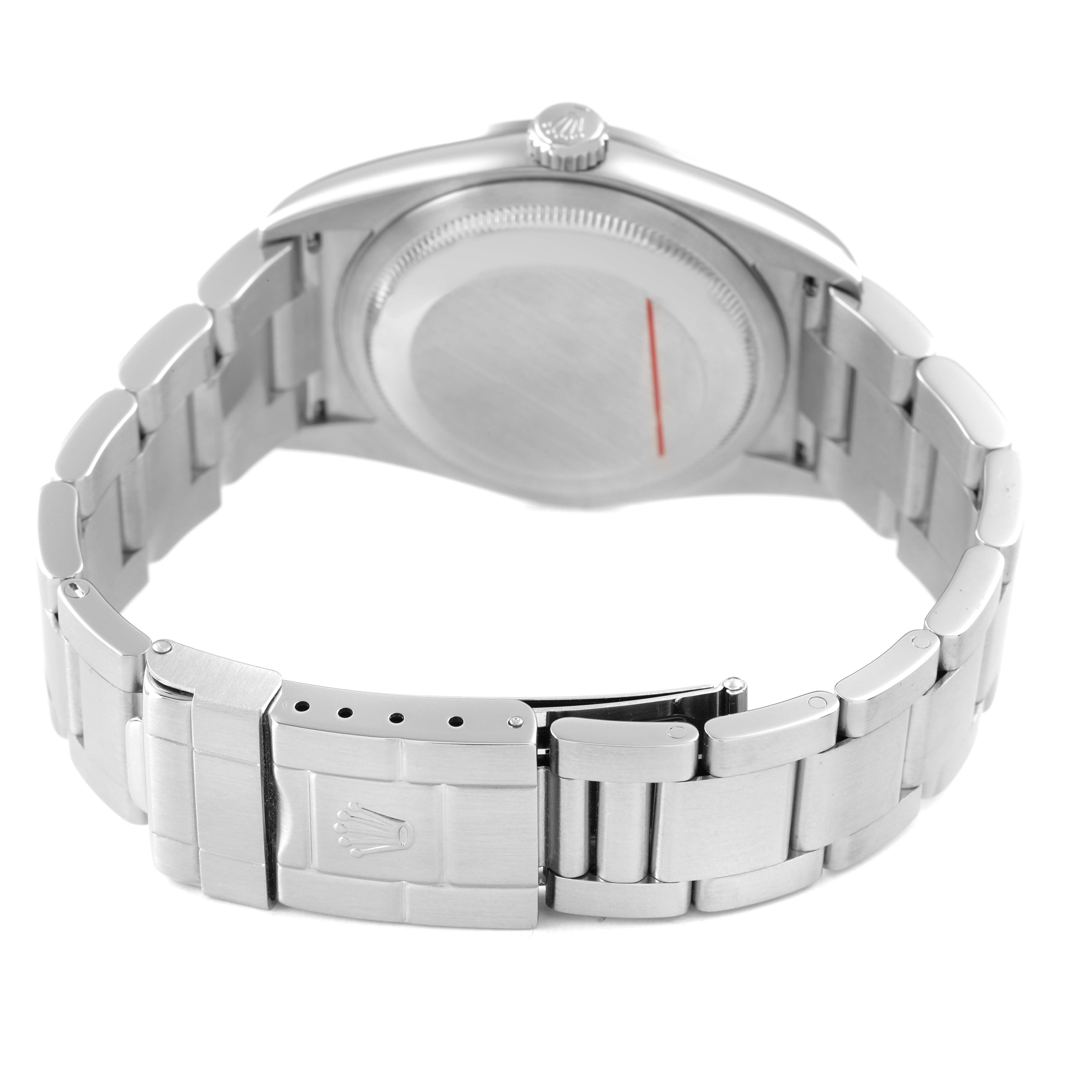 The image shows the back of a Rolex Explorer 114270 Men's Stainless Steel Black Dial watch, highlighting its case, crown, and metal bracelet with a clasp.