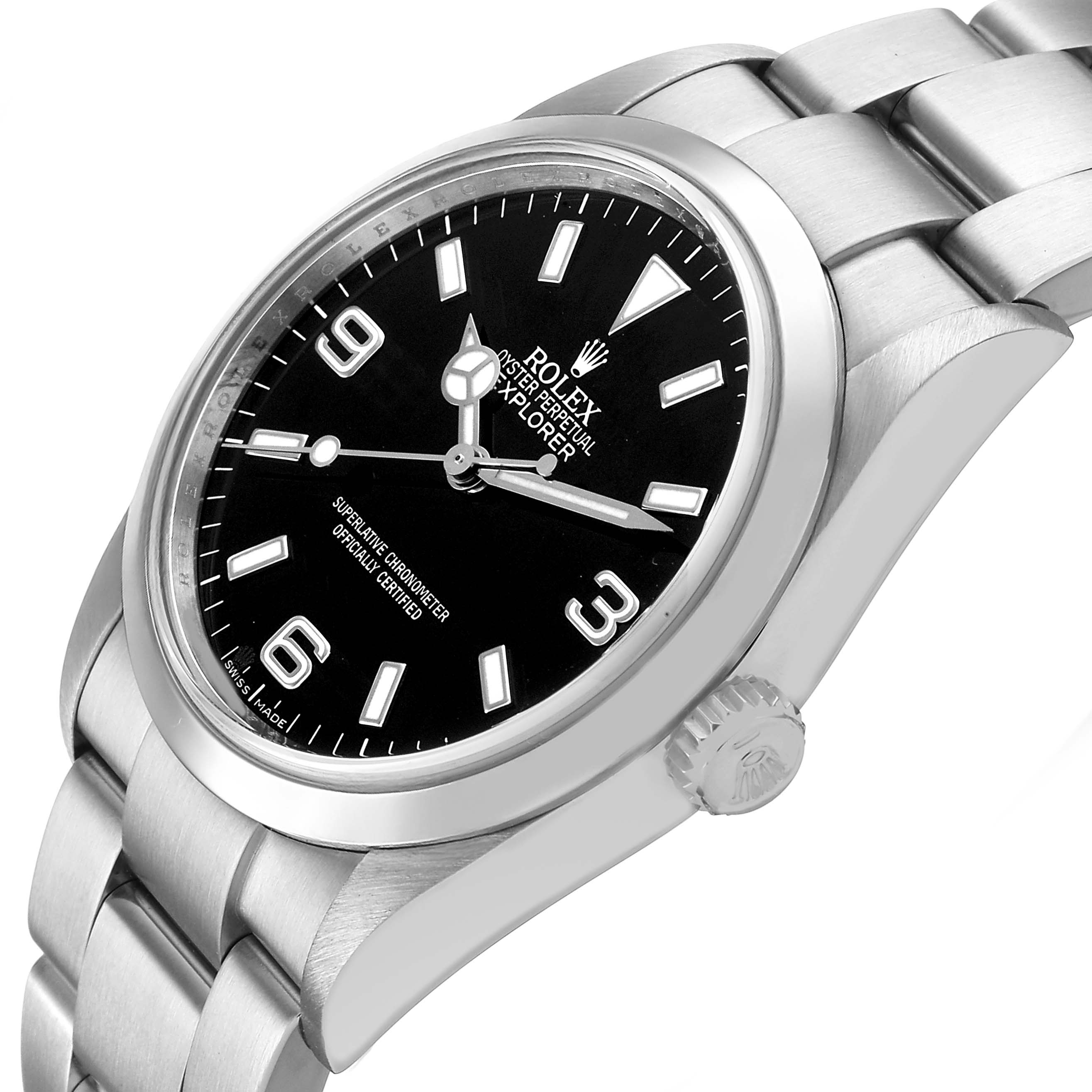 The Rolex Explorer 114270 Men's Stainless Steel Black Dial watch is shown at an angled side view highlighting the bezel, dial, crown, and part of the stainless steel bracelet.