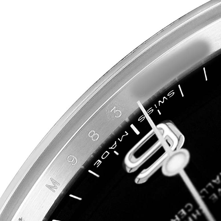 The close-up image shows part of the dial and bezel with "Swiss Made" text on the Rolex Explorer 114270 Men's Stainless Steel Black Dial watch.