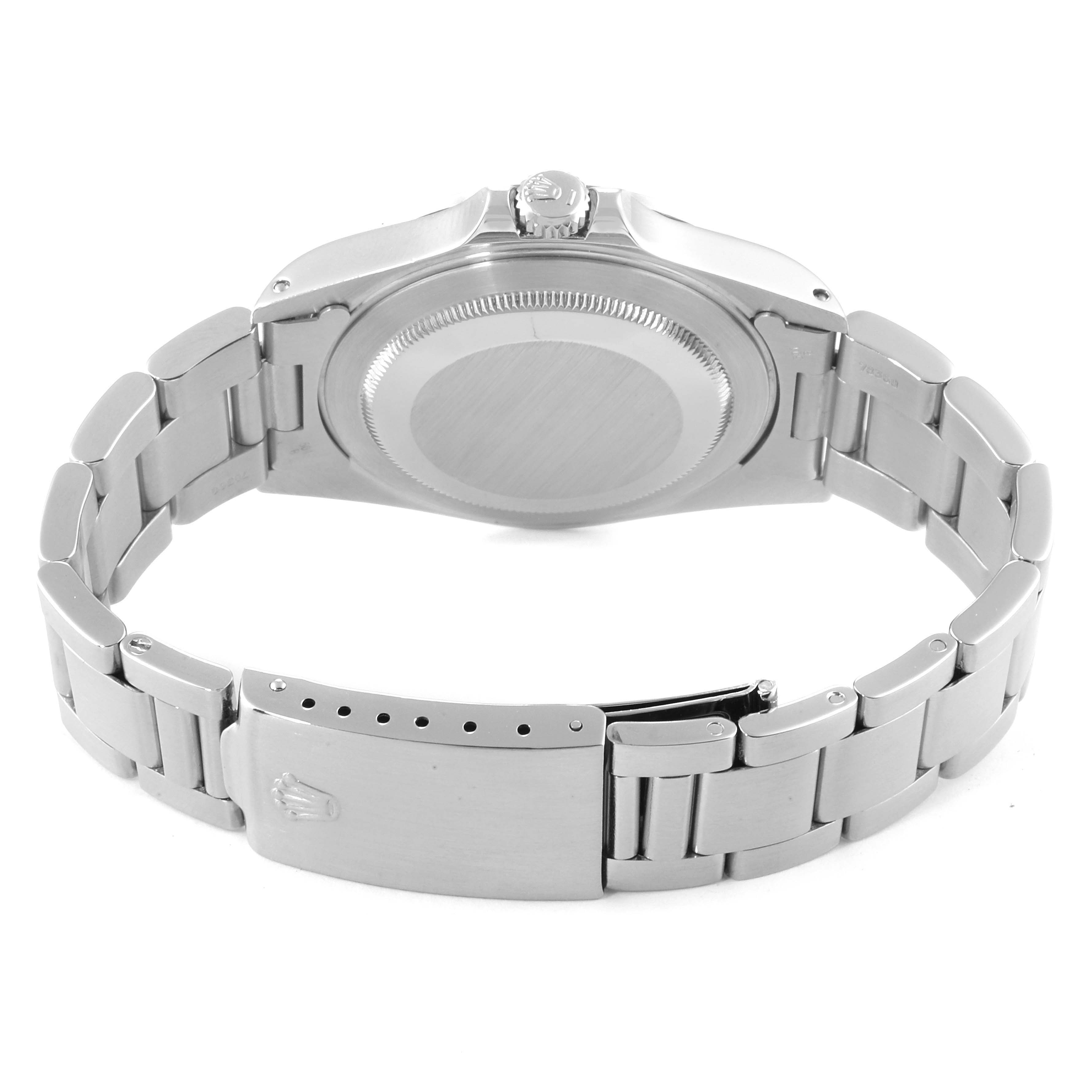 This image shows the back view of the Rolex Explorer 16570 Men
s Stainless Steel Black Dial 16570 Men
s Stainless Steel Black Dial watch, showcasing the case back and bracelet.