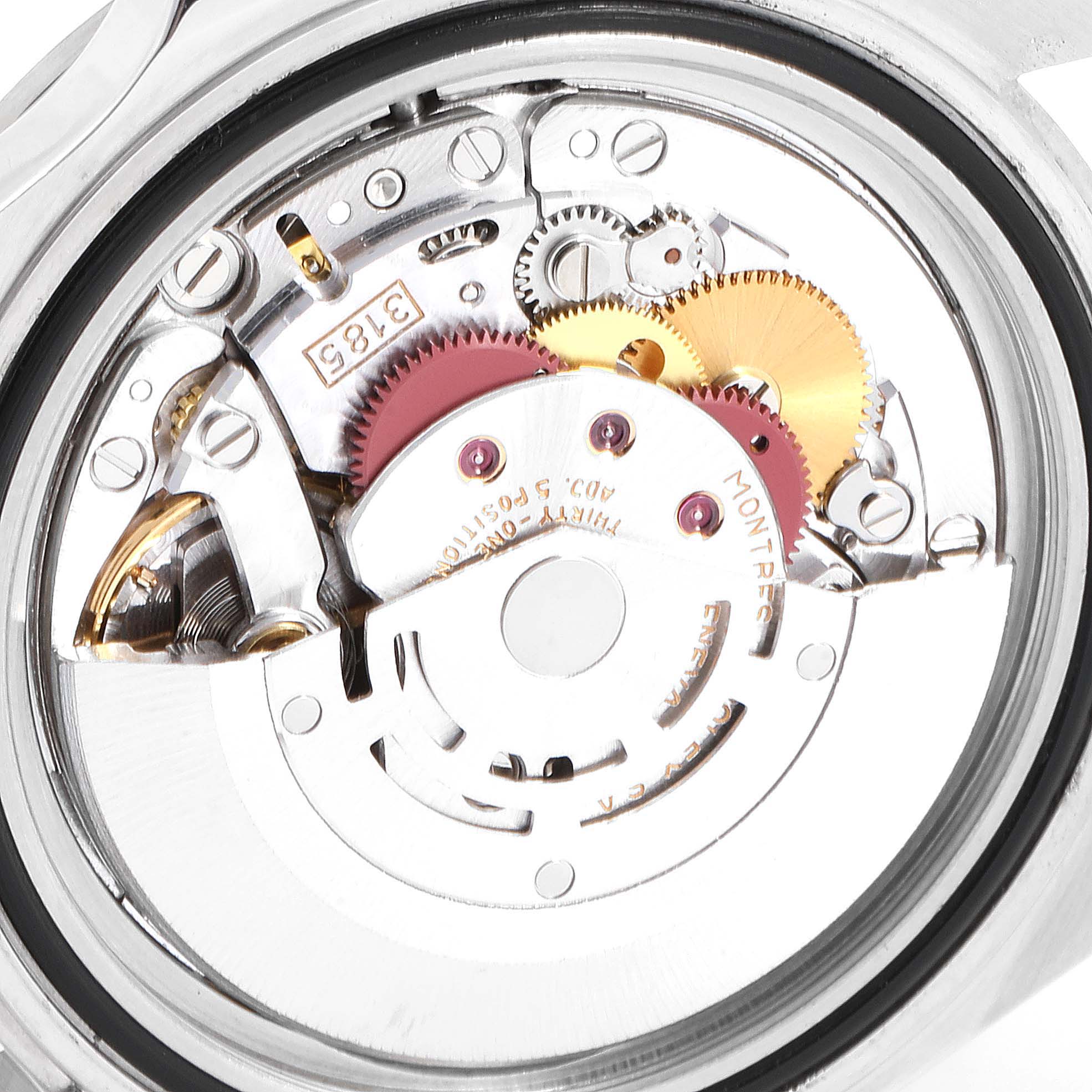 The image shows the internal movement mechanism of the Rolex Explorer 16570 Men
s Stainless Steel Black Dial 16570 Men
s Stainless Steel Black Dial watch from the back angle.