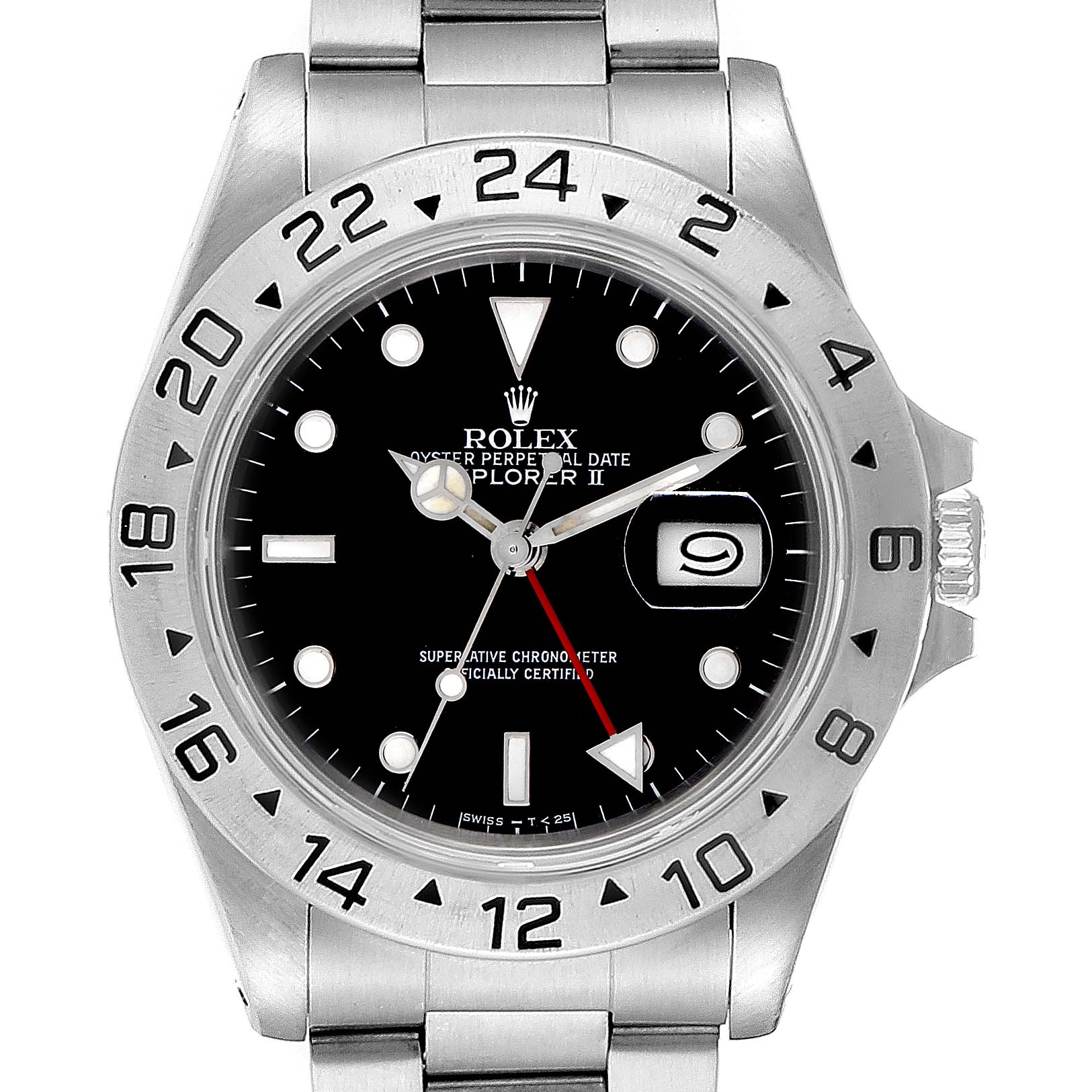 The image shows a front view of the Rolex Explorer 16570 Men
s Stainless Steel Black Dial 16570 Men
s Stainless Steel Black Dial watch, displaying its dial, bezel, and part of the bracelet.