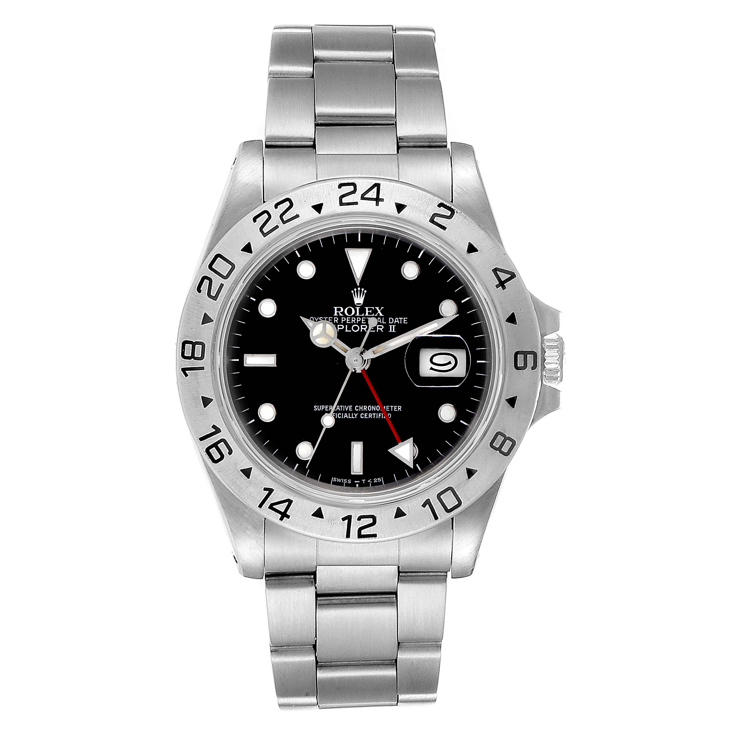 The image shows a front view of the Rolex Explorer 16570 Men
s Stainless Steel Black Dial 16570 Men
s Stainless Steel Black Dial watch, displaying the dial, bezel, and bracelet.