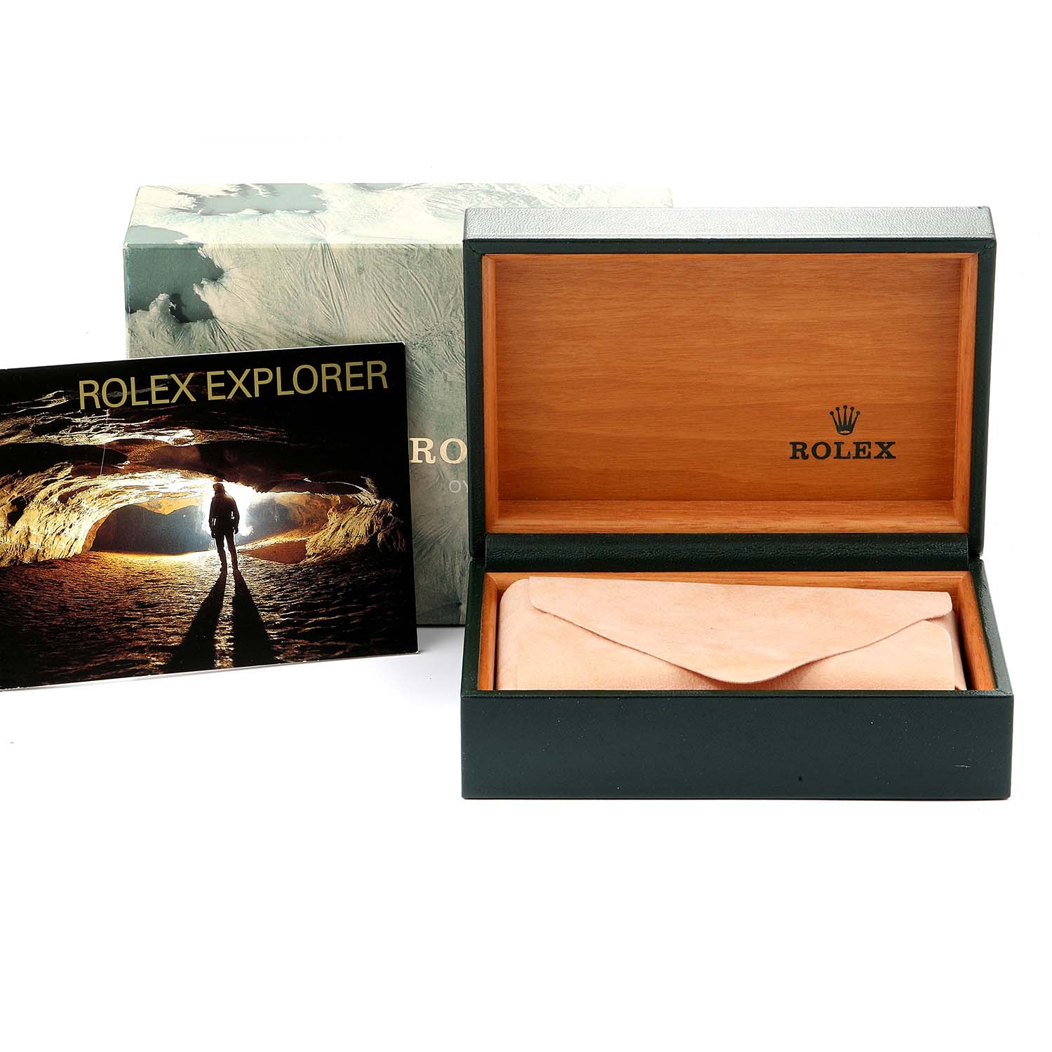 The image shows an open Rolex Explorer 16570 Men
s Stainless Steel Black Dial 16570 Men
s Stainless Steel Black Dial watch box alongside its outer box and an Explorer model booklet.