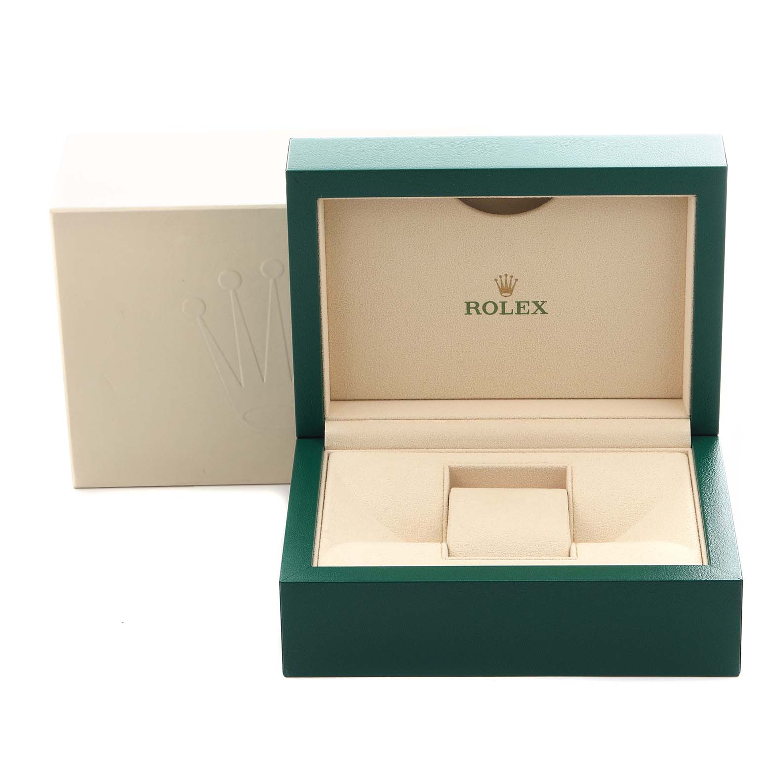 The image shows an open Rolex Explorer 226570 Men's Stainless Steel Black Dial 226570 Men's Stainless Steel Black Dial watch box with a cream interior and a green exterior.