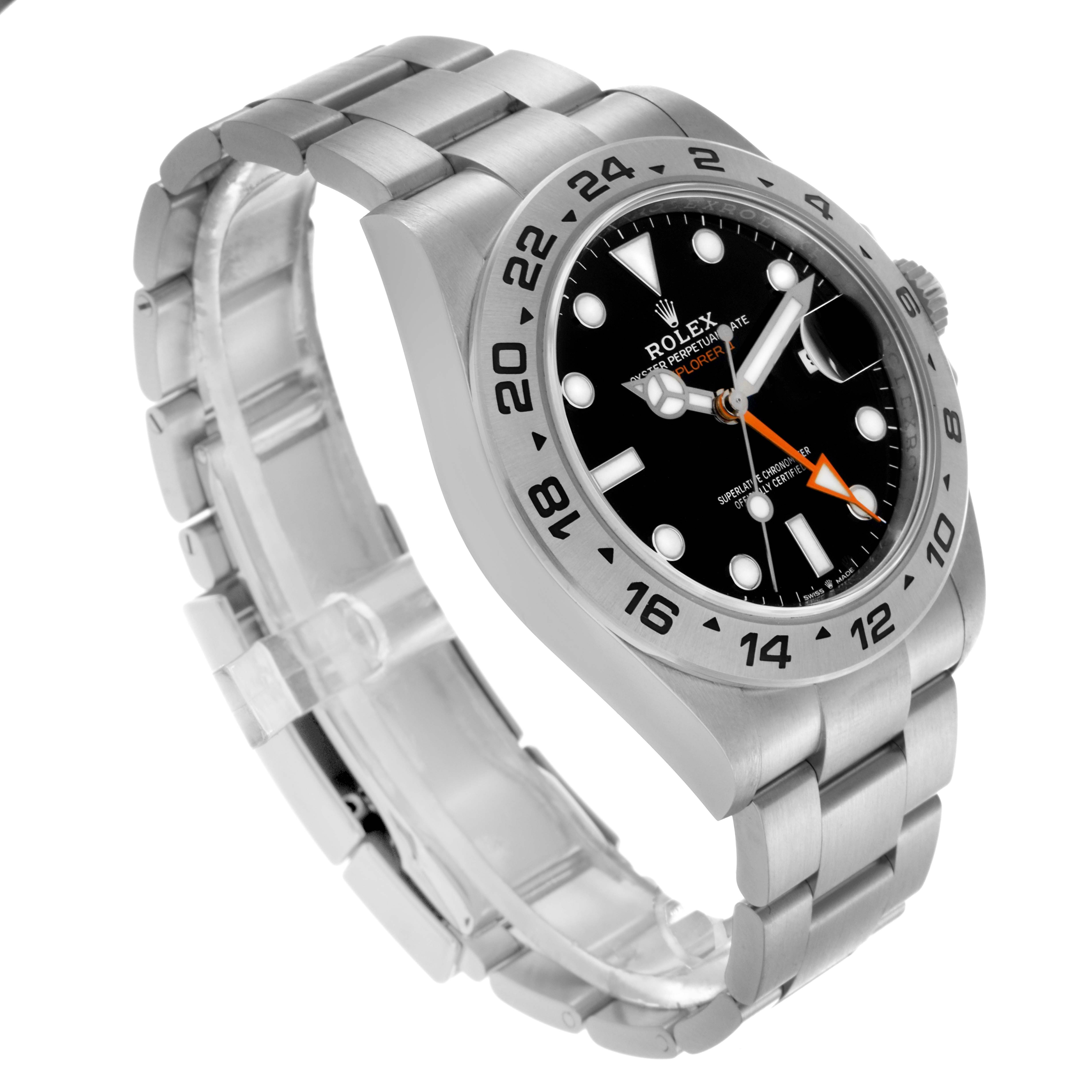 The Rolex Explorer 226570 Men's Stainless Steel Black Dial 226570 Men's Stainless Steel Black Dial watch is shown from a three-quarter angle, highlighting the dial, bezel, and stainless steel bracelet.