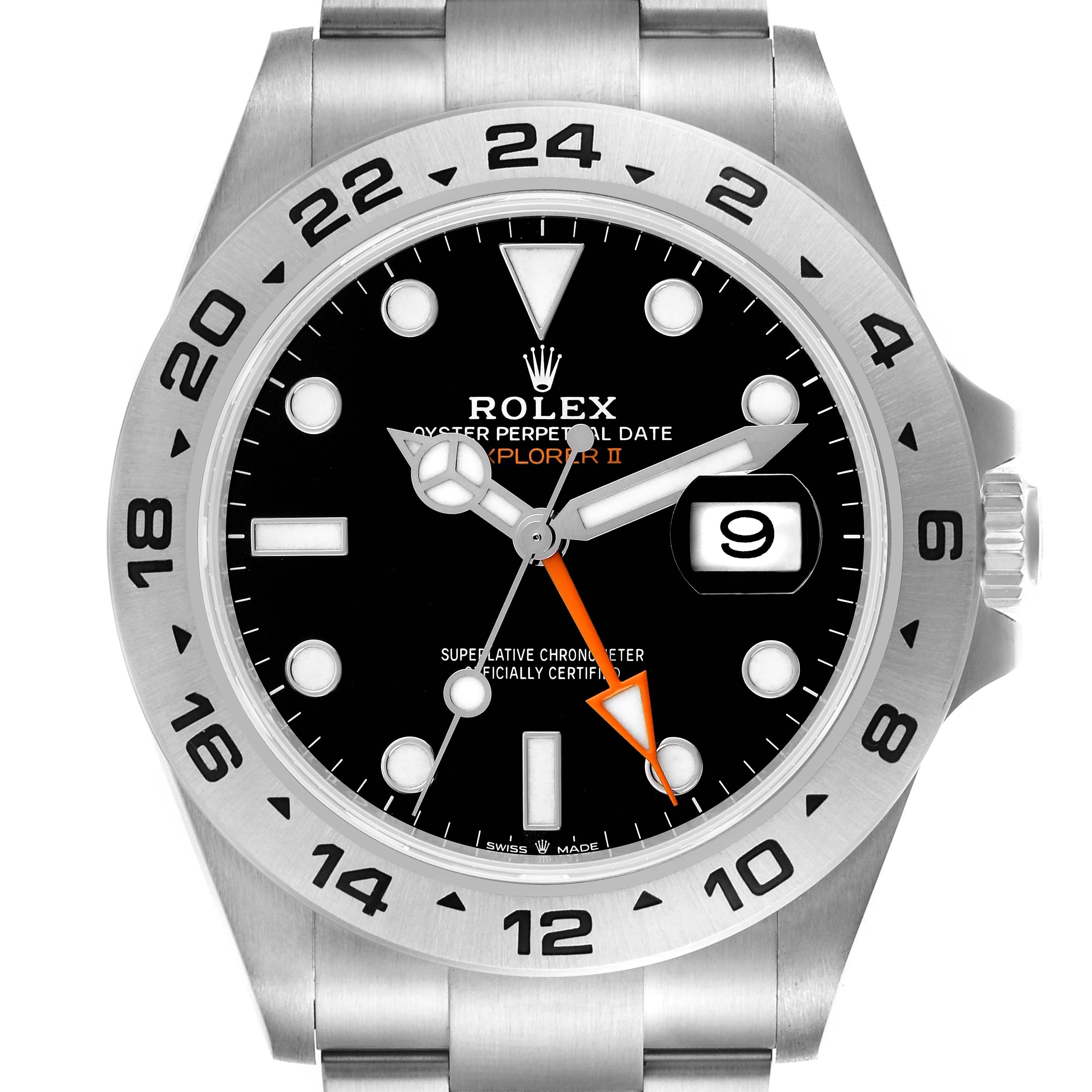 The image shows a front view of a Rolex Explorer 226570 Men's Stainless Steel Black Dial 226570 Men's Stainless Steel Black Dial watch, highlighting the dial, hands, bezel, and crown.