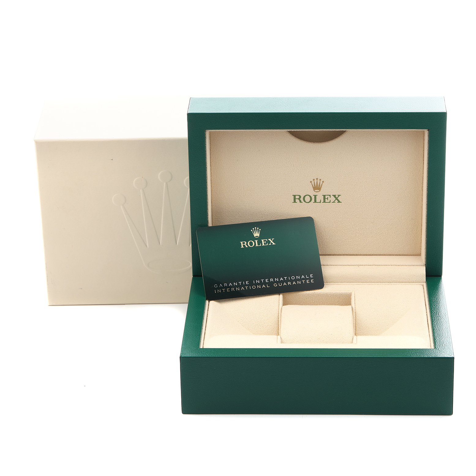 The image shows the presentation box and guarantee card for a Rolex GMT-Master 226570 Men's Stainless Steel Black Dial 226570 Men's Stainless Steel Black Dial, with both items displayed open and branded.