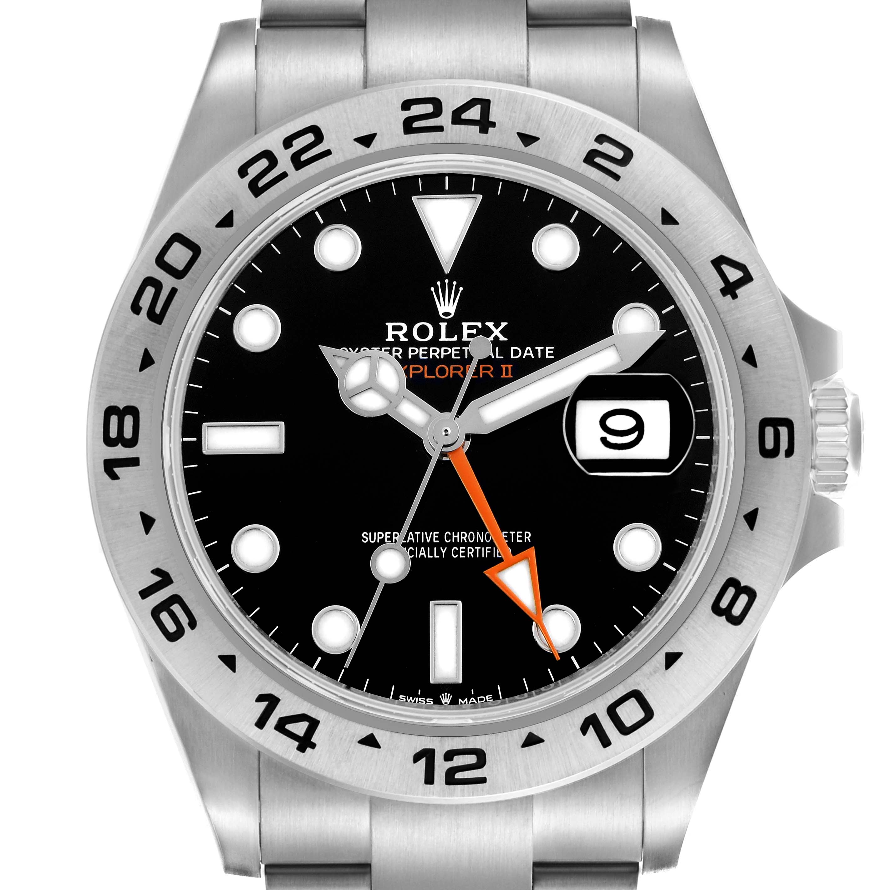 The image shows a front view of the Rolex Explorer II, displaying the face, bezel, and part of the bracelet.