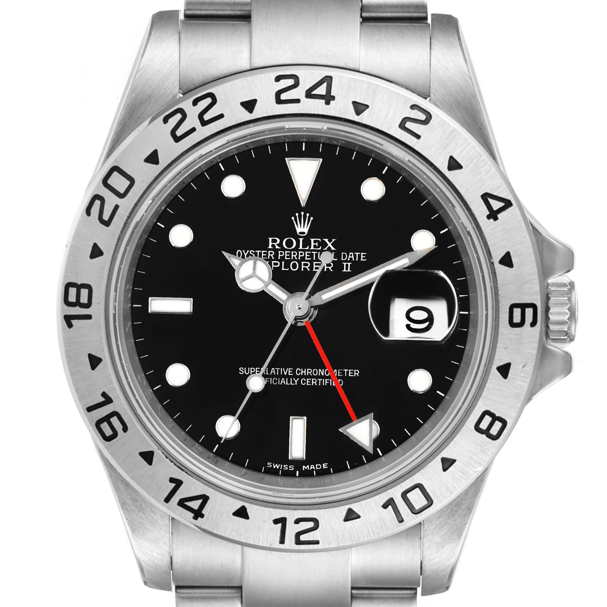 The image shows the Rolex Explorer 16570 Men's Stainless Steel Black Dial 16570 Men's Stainless Steel Black Dial watch from a front angle, highlighting the bezel, dial, hands, date, and bracelet.