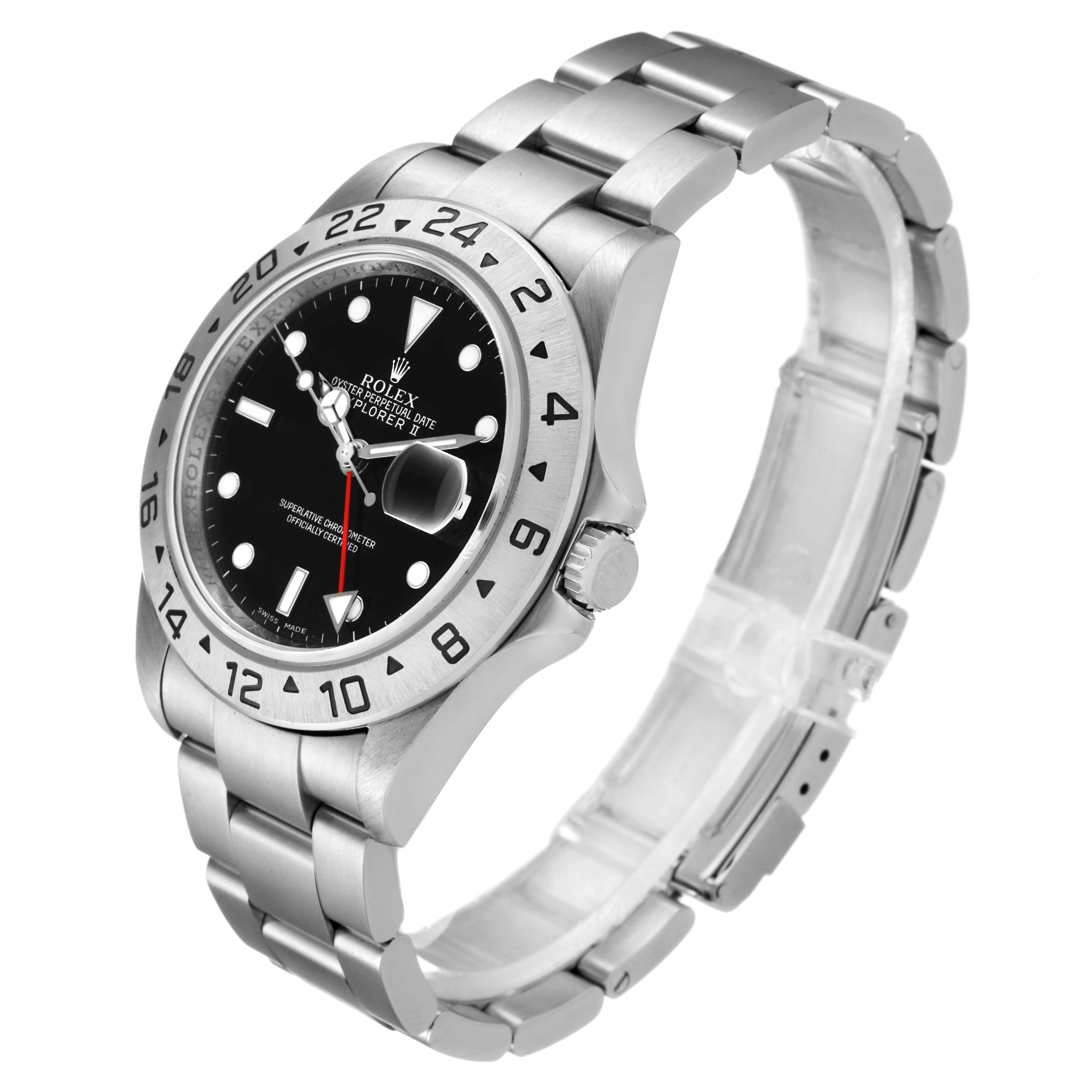 The Rolex Explorer 16570 Men's Stainless Steel Black Dial 16570 Men's Stainless Steel Black Dial watch is shown at a three-quarter angle, featuring its face, bezel, crown, and stainless steel bracelet.