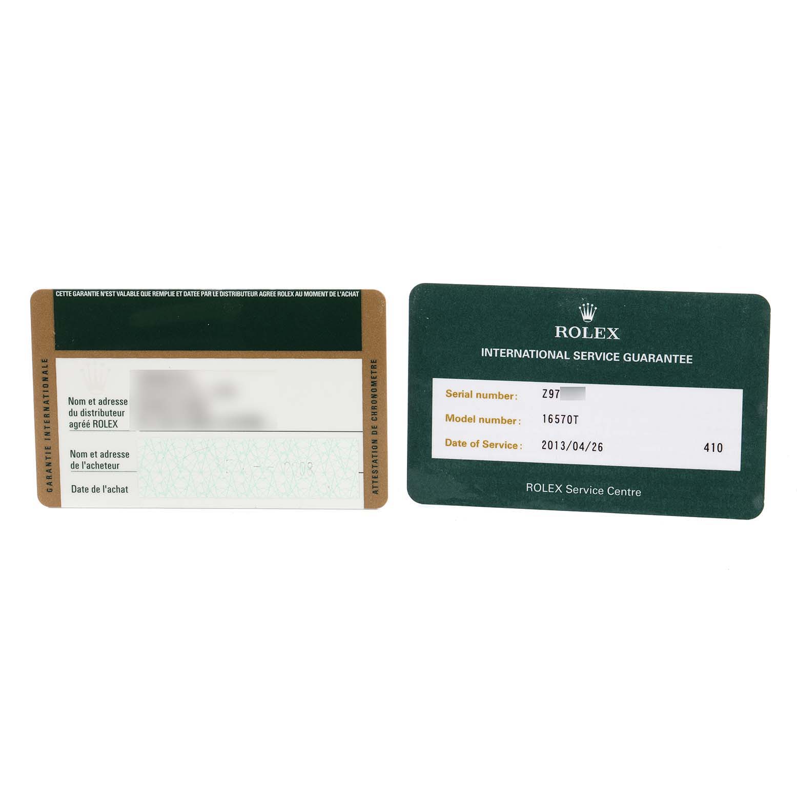 Two Rolex Explorer 16570 Men's Stainless Steel Black Dial 16570 Men's Stainless Steel Black Dial model warranty and service cards are shown horizontally from above.