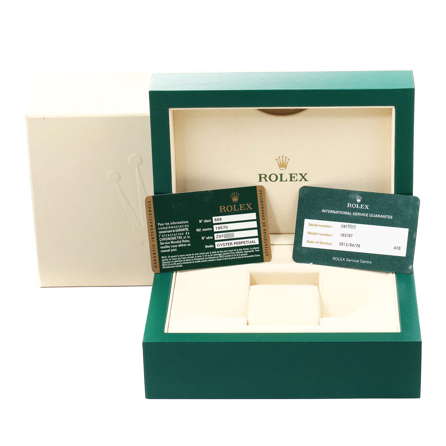 The image shows the packaging and guarantee cards for the Rolex Explorer 16570 Men's Stainless Steel Black Dial 16570 Men's Stainless Steel Black Dial model watch.