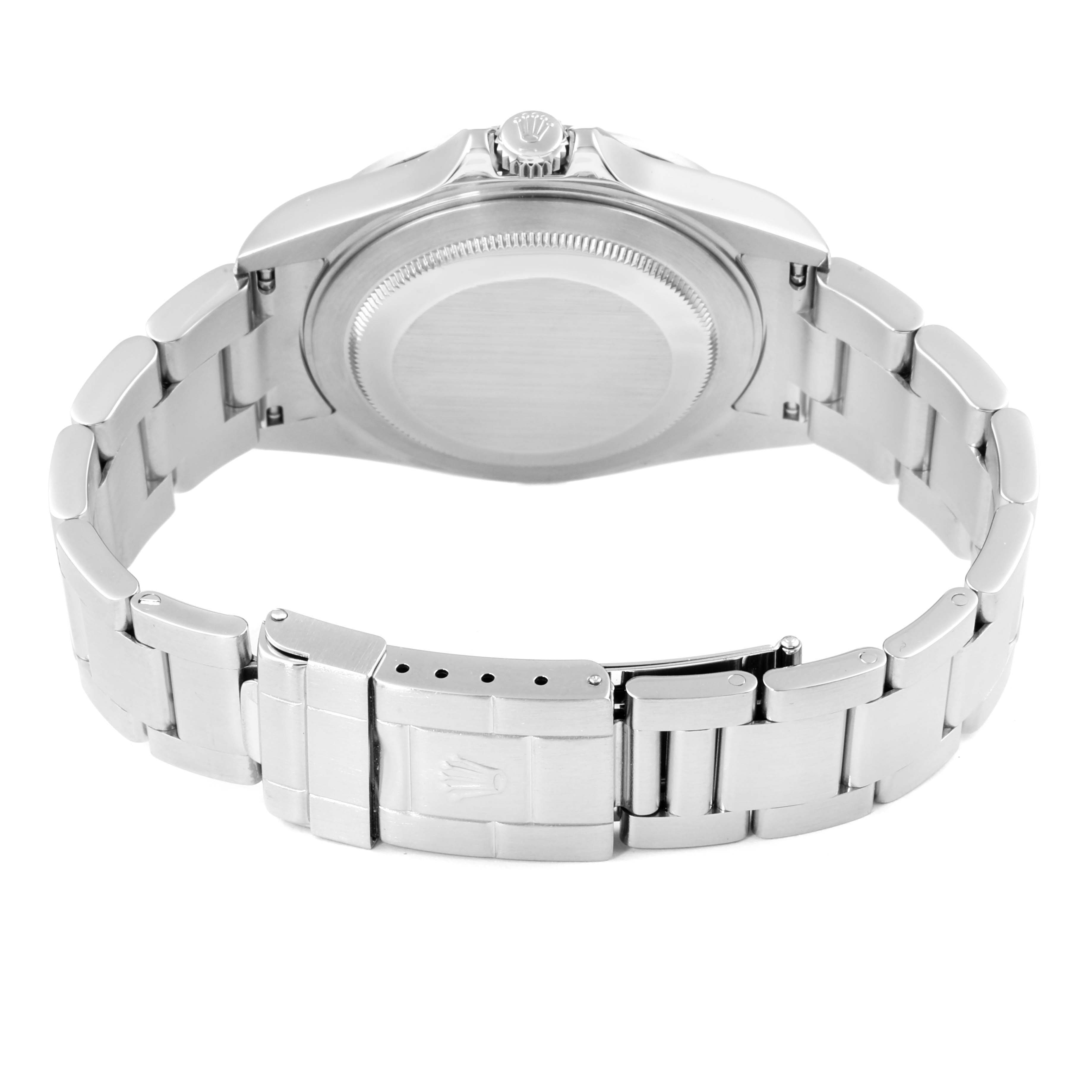 This is an image of the Rolex Explorer 16570 Men's Stainless Steel Black Dial 16570 Men's Stainless Steel Black Dial watch, showing the back case and bracelet clasp from a rear angle.