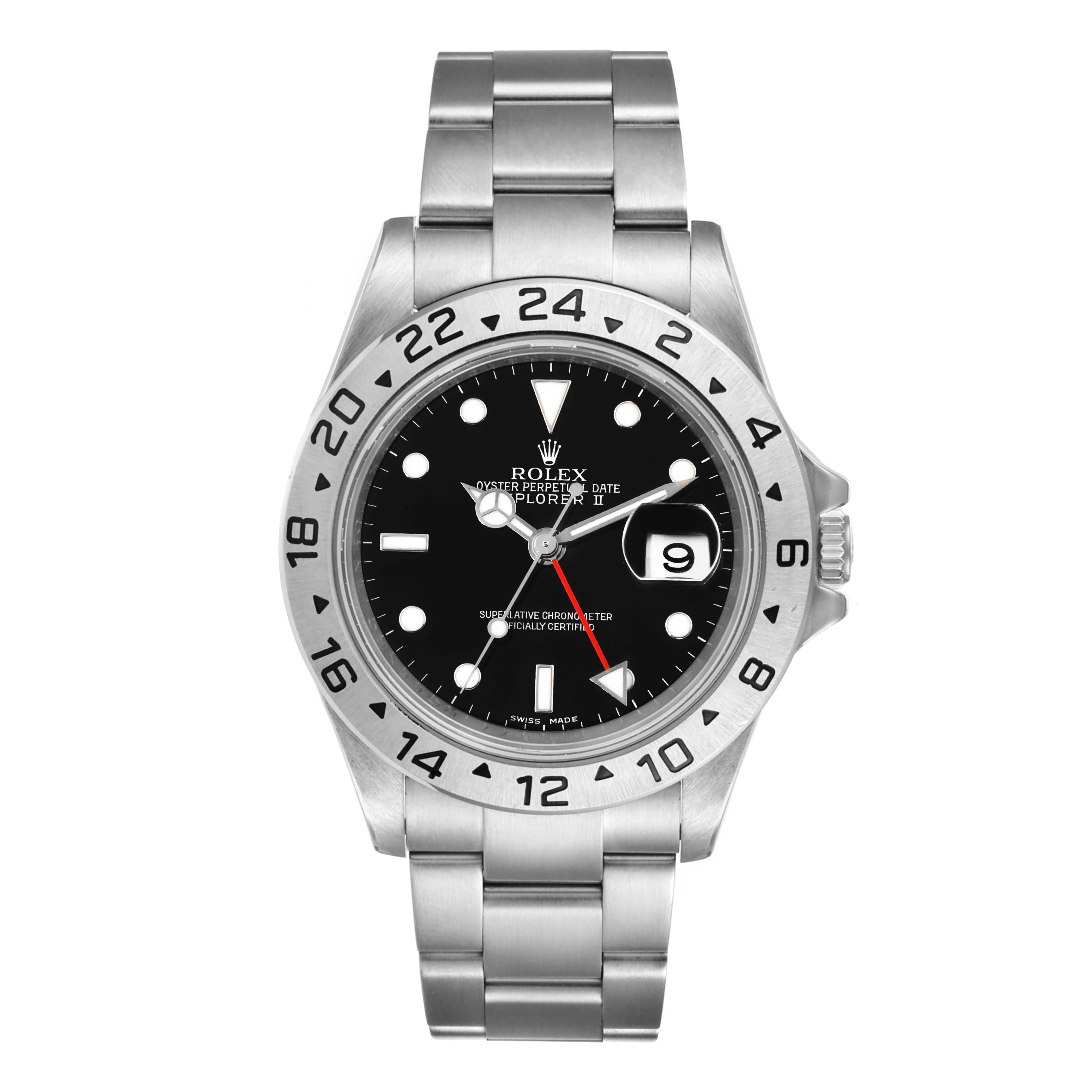 The image shows a frontal view of the Rolex Explorer 16570 Men's Stainless Steel Black Dial 16570 Men's Stainless Steel Black Dial model watch, highlighting the face, bezel, and part of the bracelet.