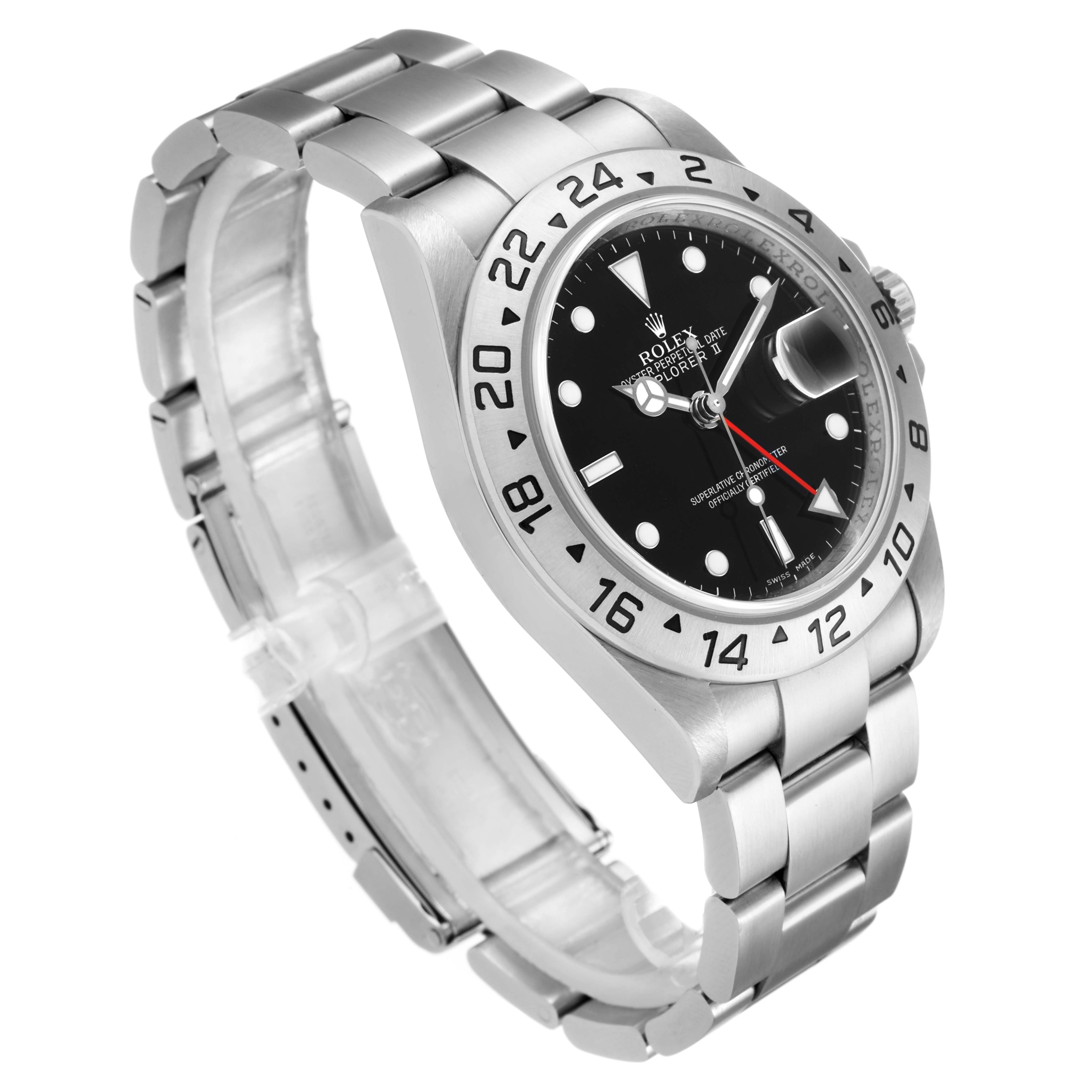 The image shows a side angle of a Rolex Explorer 16570 Men's Stainless Steel Black Dial 16570 Men's Stainless Steel Black Dial watch, highlighting the stainless steel band, bezel, and black dial with hour markers.