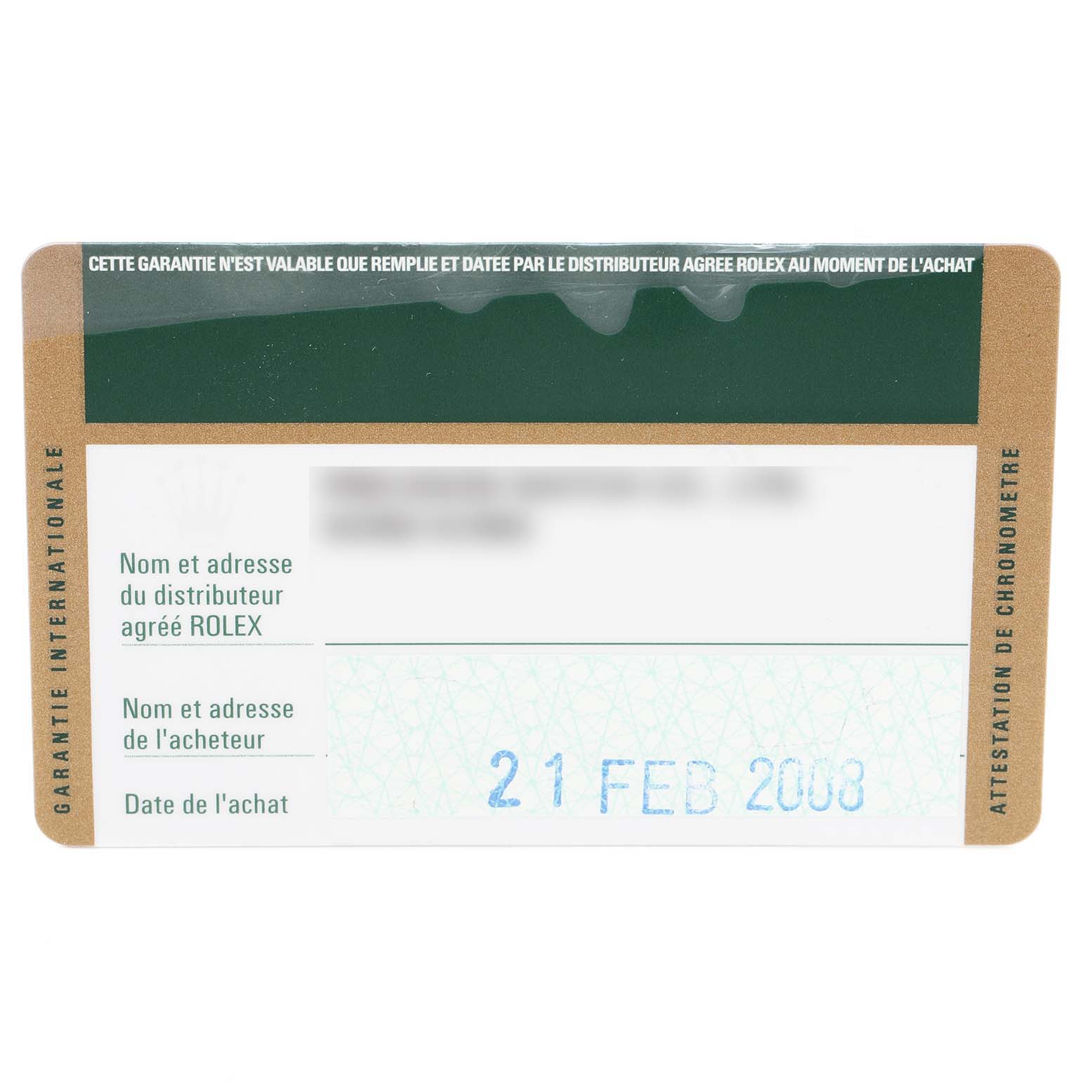 The image shows a warranty card for the Rolex Explorer 16570 Men's Stainless Steel Black Dial 16570 Men's Stainless Steel Black Dial watch, dated February 21, 2008.