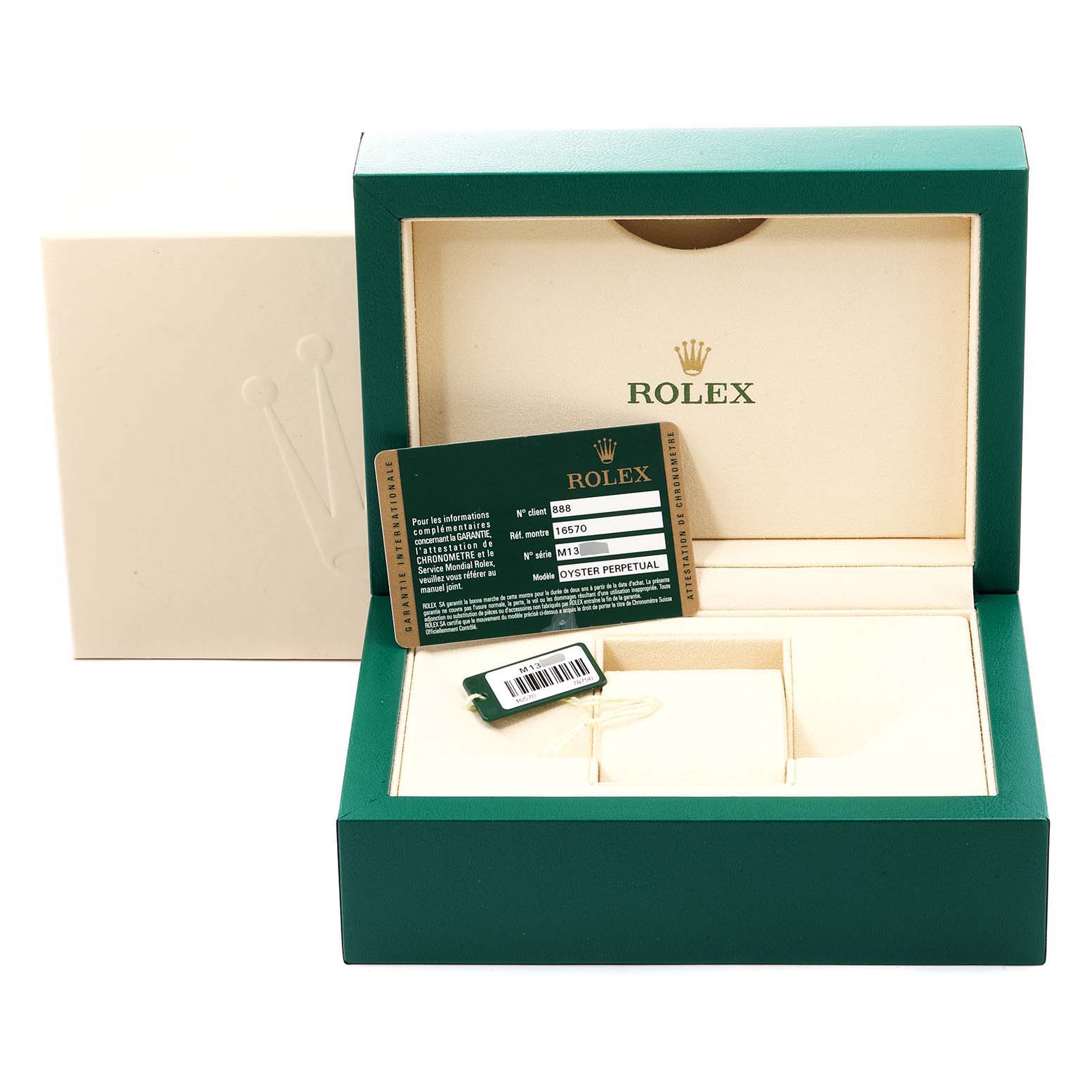 The image shows the packaging, warranty card, and tags for a Rolex Explorer 16570 Men's Stainless Steel Black Dial 16570 Men's Stainless Steel Black Dial watch.