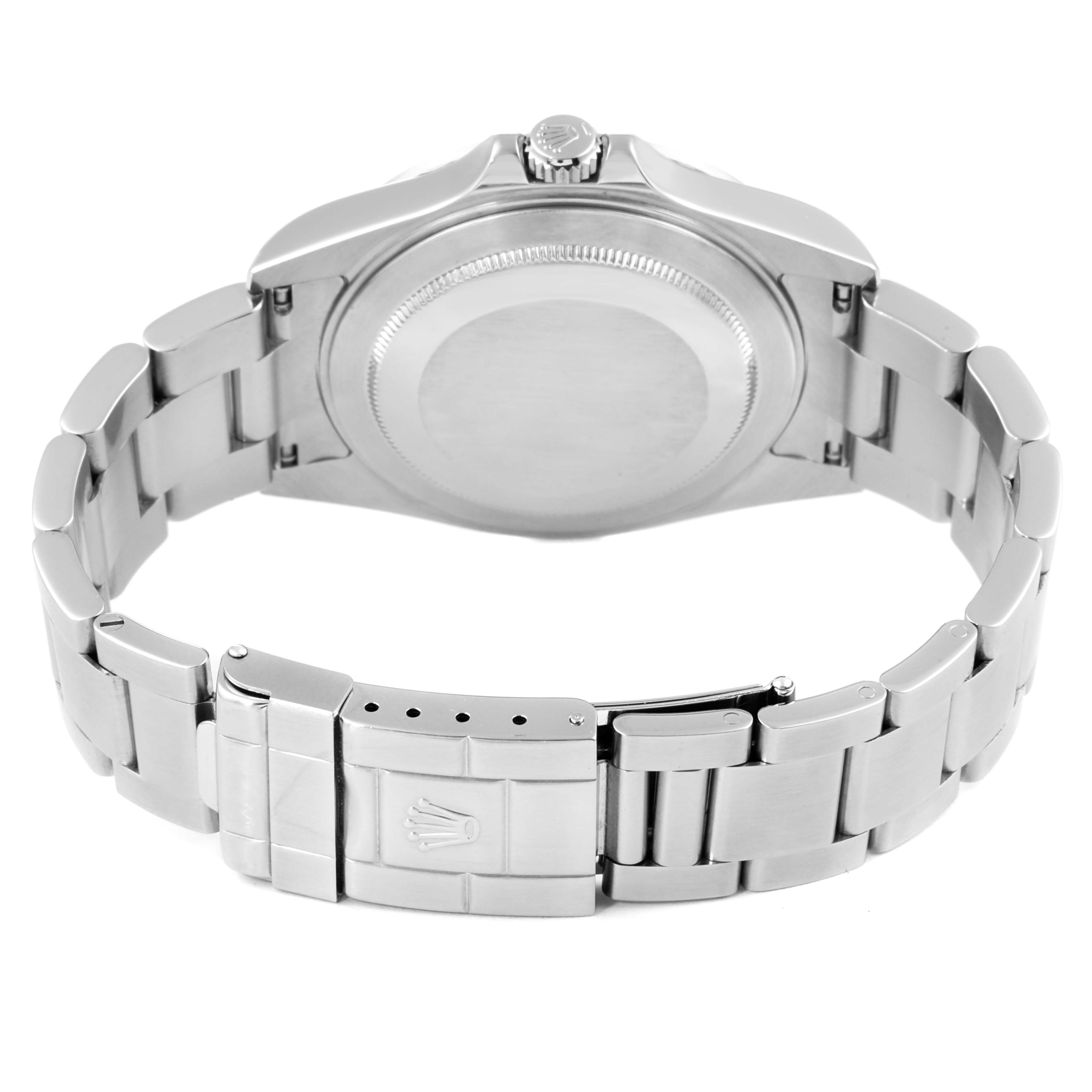 The image shows the back case and bracelet of the Rolex Explorer 16570 Men's Stainless Steel Black Dial 16570 Men's Stainless Steel Black Dial watch from a rear angle.