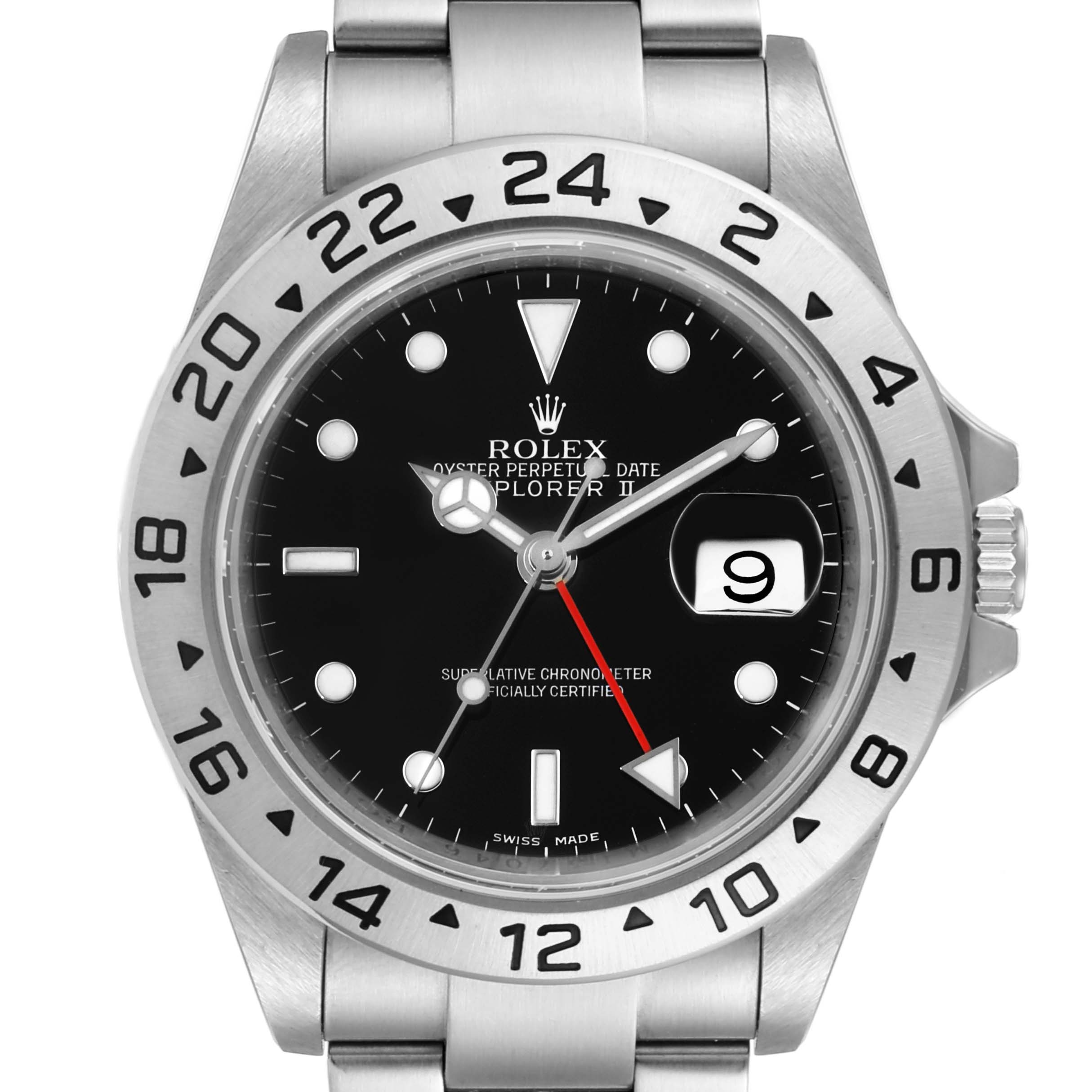 This image shows a front view of the Rolex Explorer 16570 Men's Stainless Steel Black Dial 16570 Men's Stainless Steel Black Dial watch, highlighting the dial, hands, date window, and part of the bracelet.