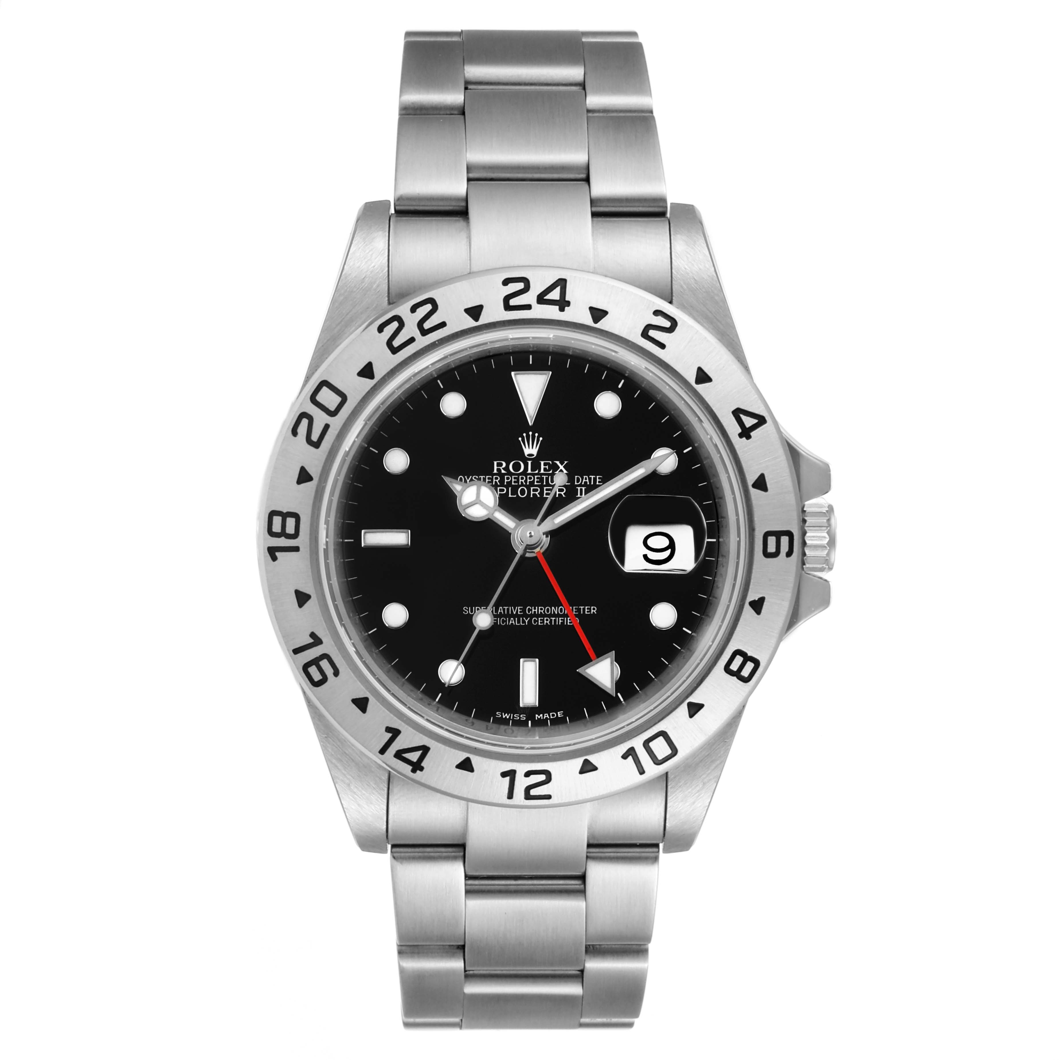 This image shows a front view of a Rolex Explorer 16570 Men's Stainless Steel Black Dial 16570 Men's Stainless Steel Black Dial watch, displaying its face, bezel, and bracelet.