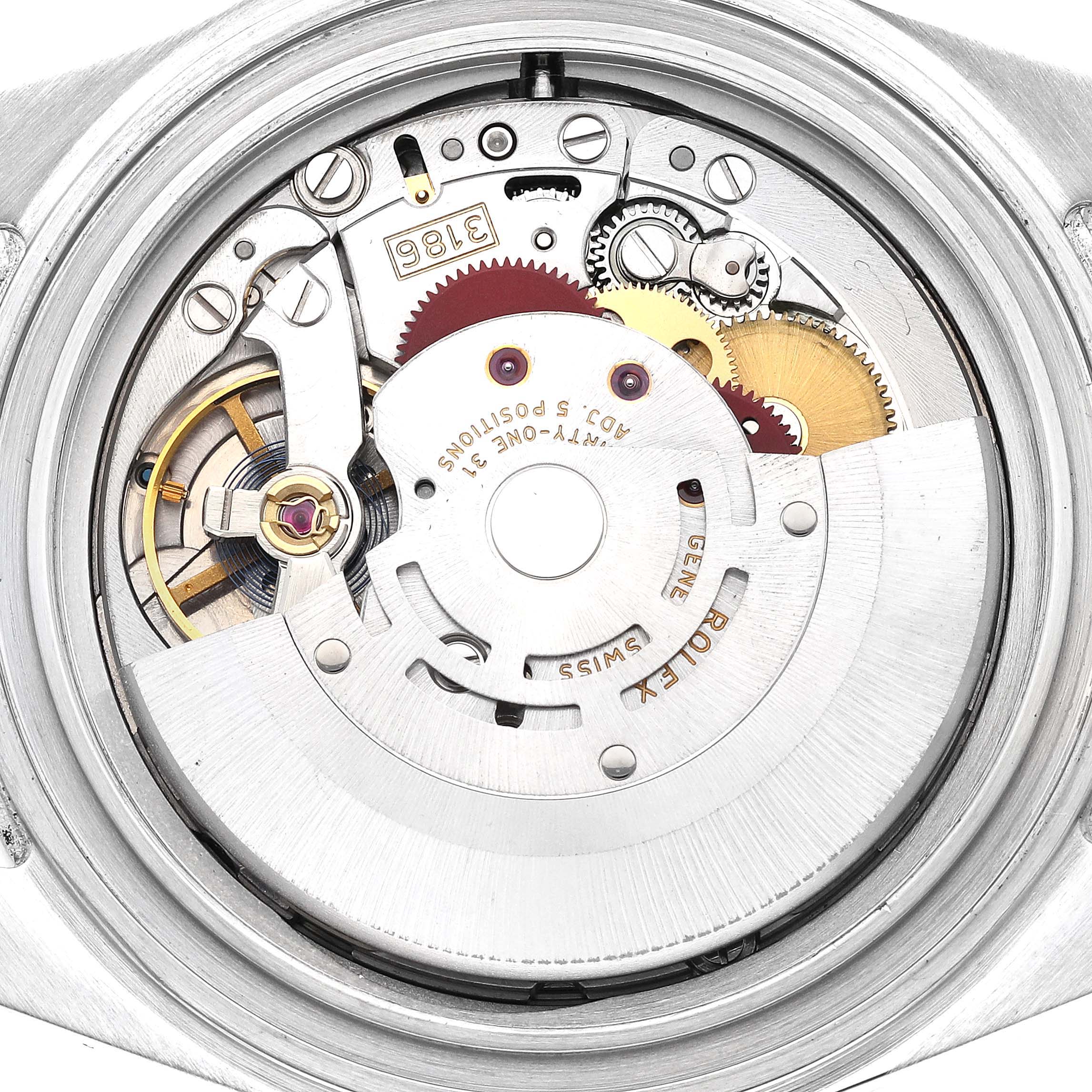 This image shows the internal mechanical movement of a Rolex Explorer 16570 Men's Stainless Steel Black Dial 16570 Men's Stainless Steel Black Dial watch, taken from the rear with the case back removed.