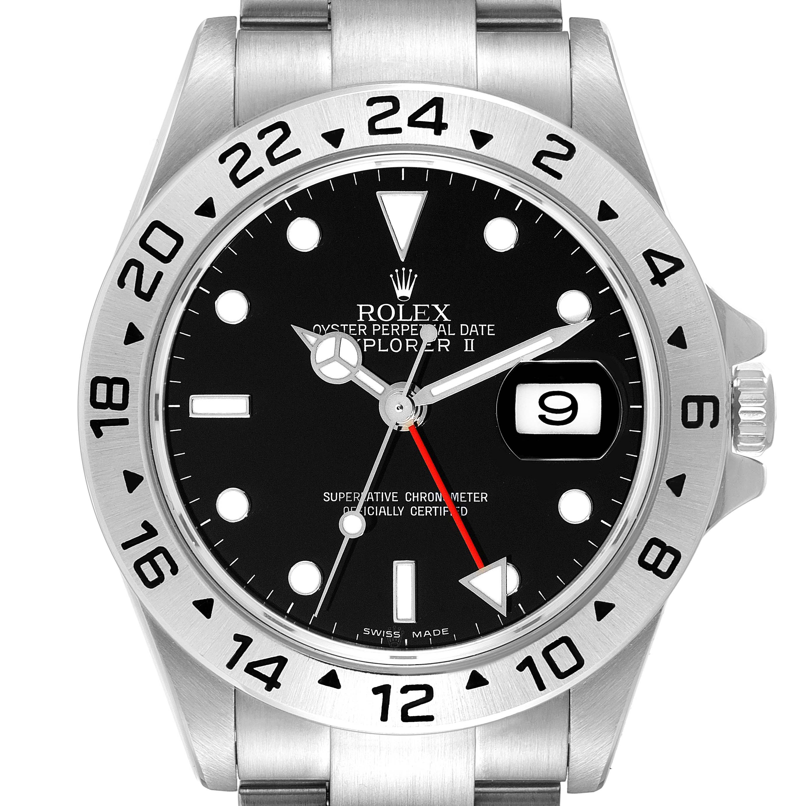 The image shows a front view of the Rolex Explorer 16570 Men's Stainless Steel Black Dial 16570 Men's Stainless Steel Black Dial watch, displaying its bezel, dial, hands, and bracelet.