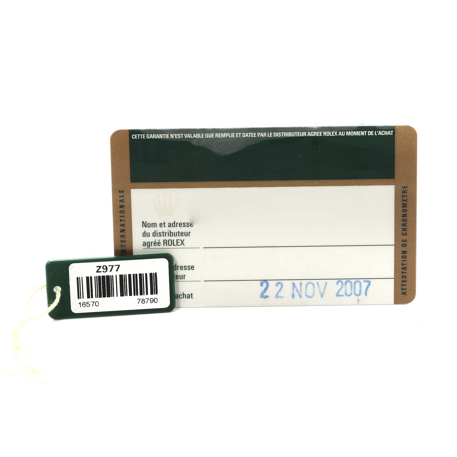 This image shows the warranty card and tag for a Rolex Explorer 16570 Men's Stainless Steel Black Dial 16570 Men's Stainless Steel Black Dial watch, date-stamped November 22, 2007.