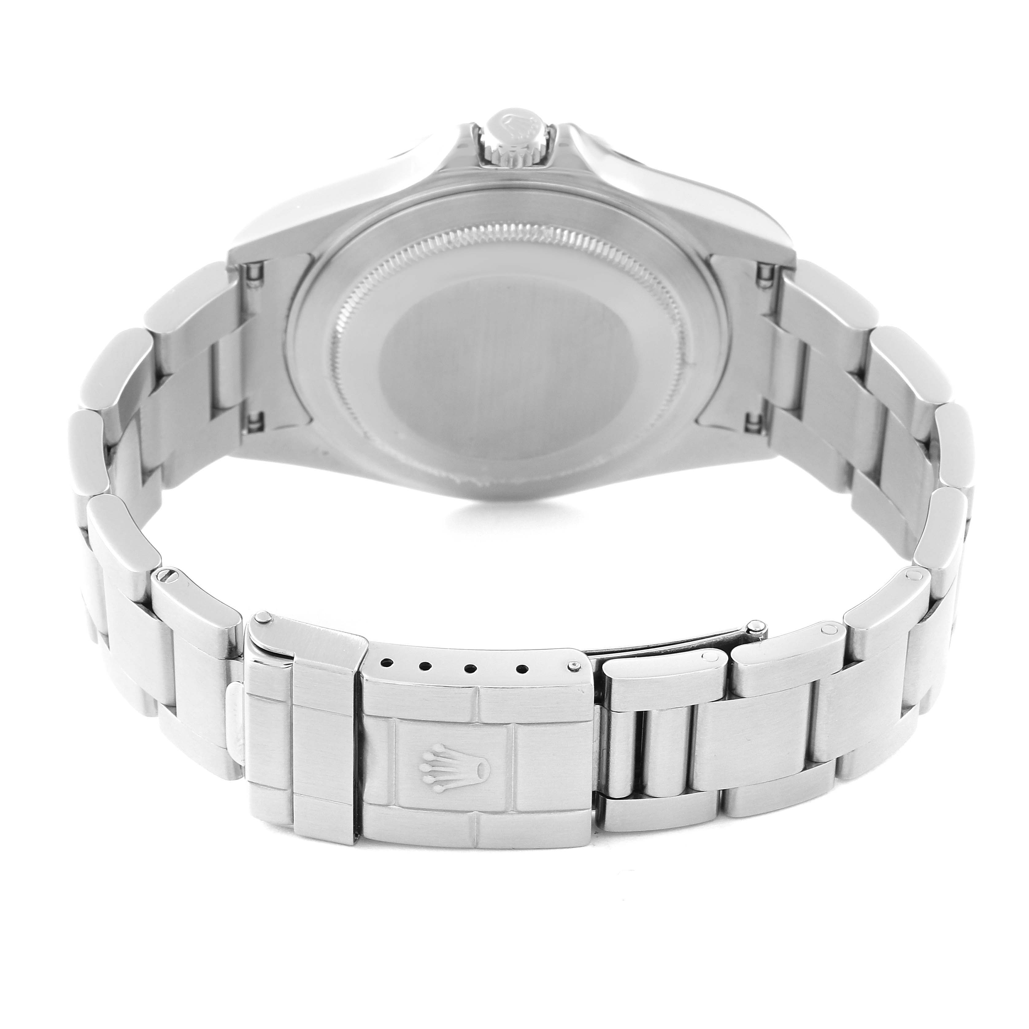 This image shows the back view of a Rolex Explorer 16570 Men's Stainless Steel Black Dial 16570 Men's Stainless Steel Black Dial watch, highlighting the case back, bracelet, and clasp.