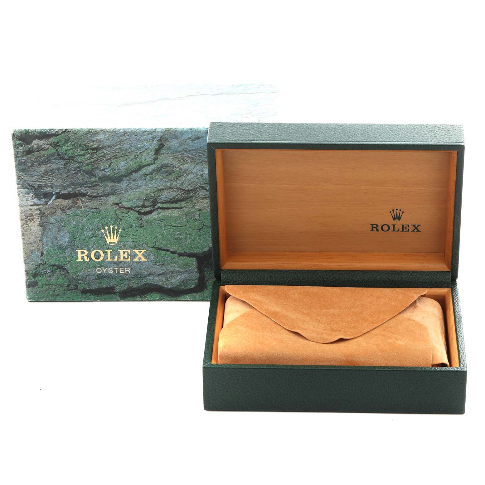 The image shows an open green Rolex box for the Explorer model, displaying the interior but not the watch itself.