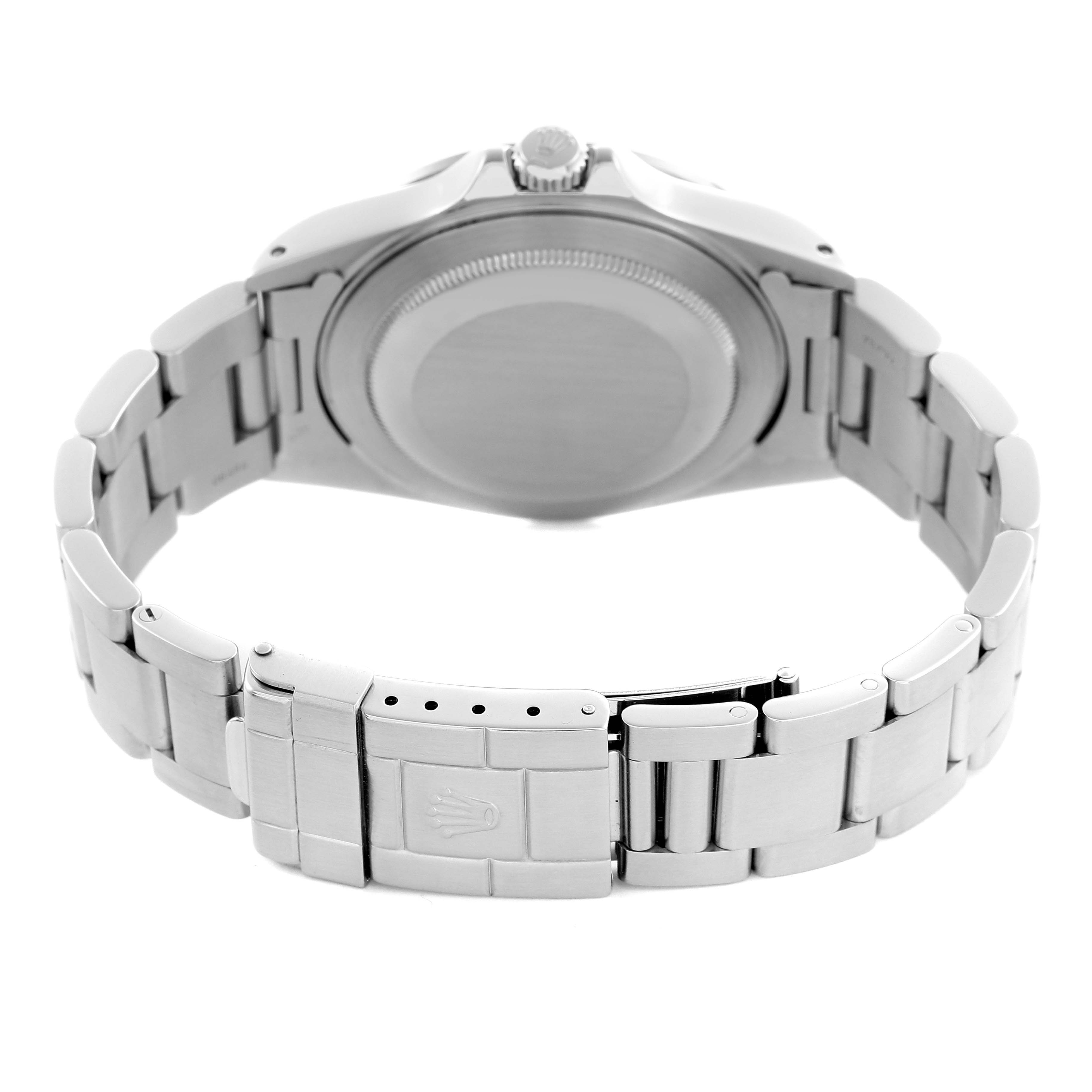 The image shows the back view of a Rolex Explorer 16570 Men's Stainless Steel White Dial 16570 Men's Stainless Steel White Dial watch, highlighting the clasp and bracelet.