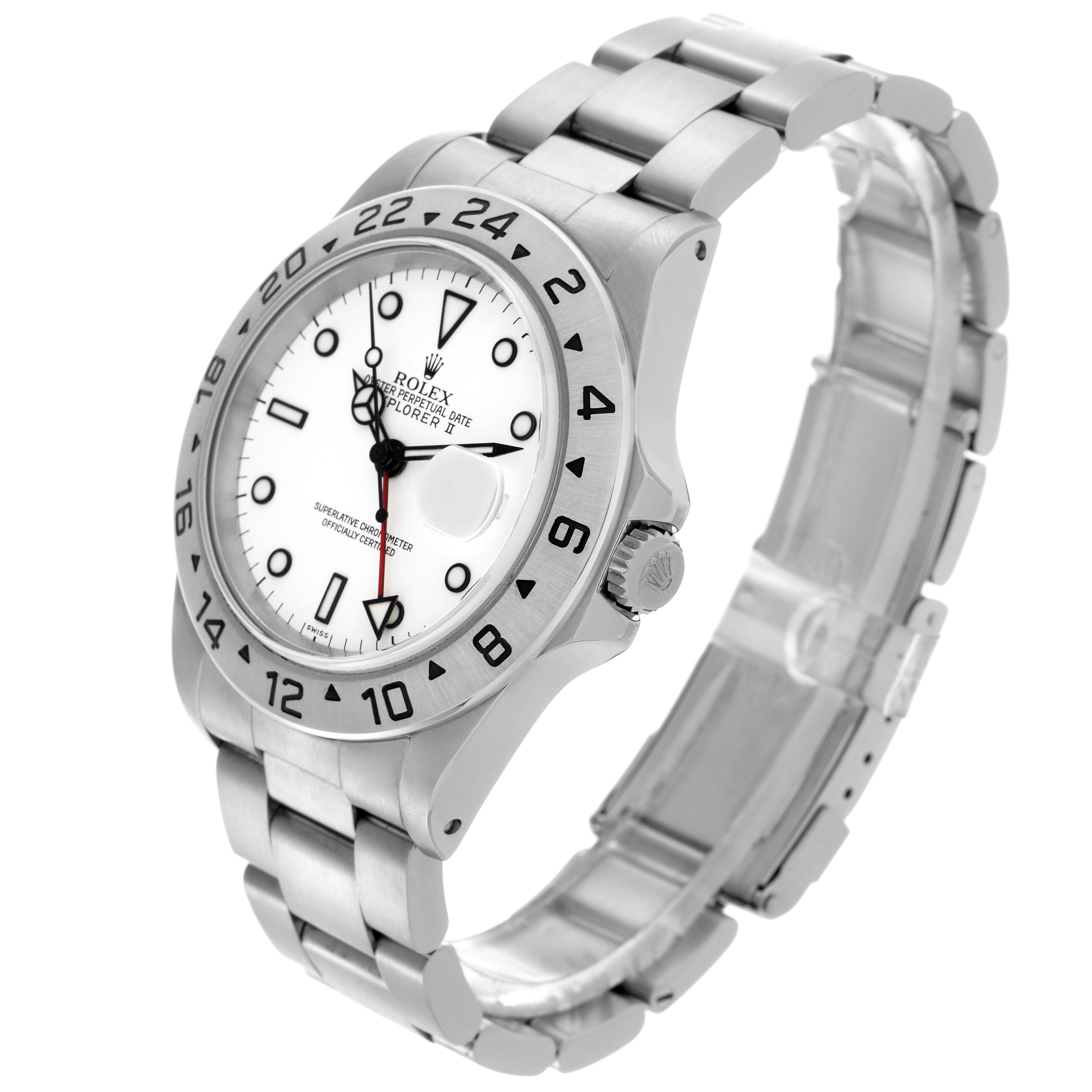The Rolex Explorer 16570 Men's Stainless Steel White Dial 16570 Men's Stainless Steel White Dial watch is shown at a three-quarter angle, highlighting the face, bezel, and bracelet.