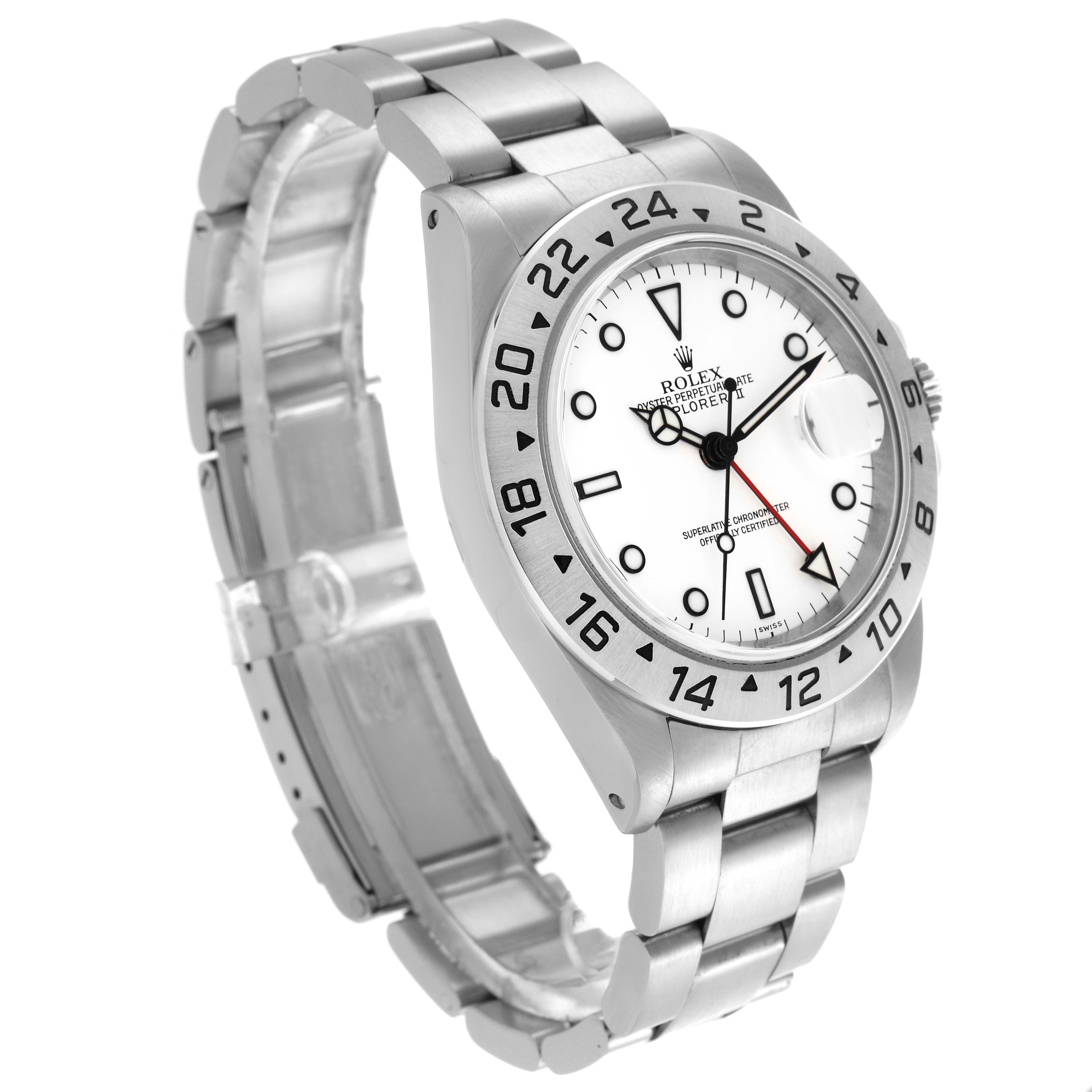 The Rolex Explorer 16570 Men's Stainless Steel White Dial 16570 Men's Stainless Steel White Dial watch is shown at a three-quarter angle, highlighting the bezel, dial, hands, and bracelet.