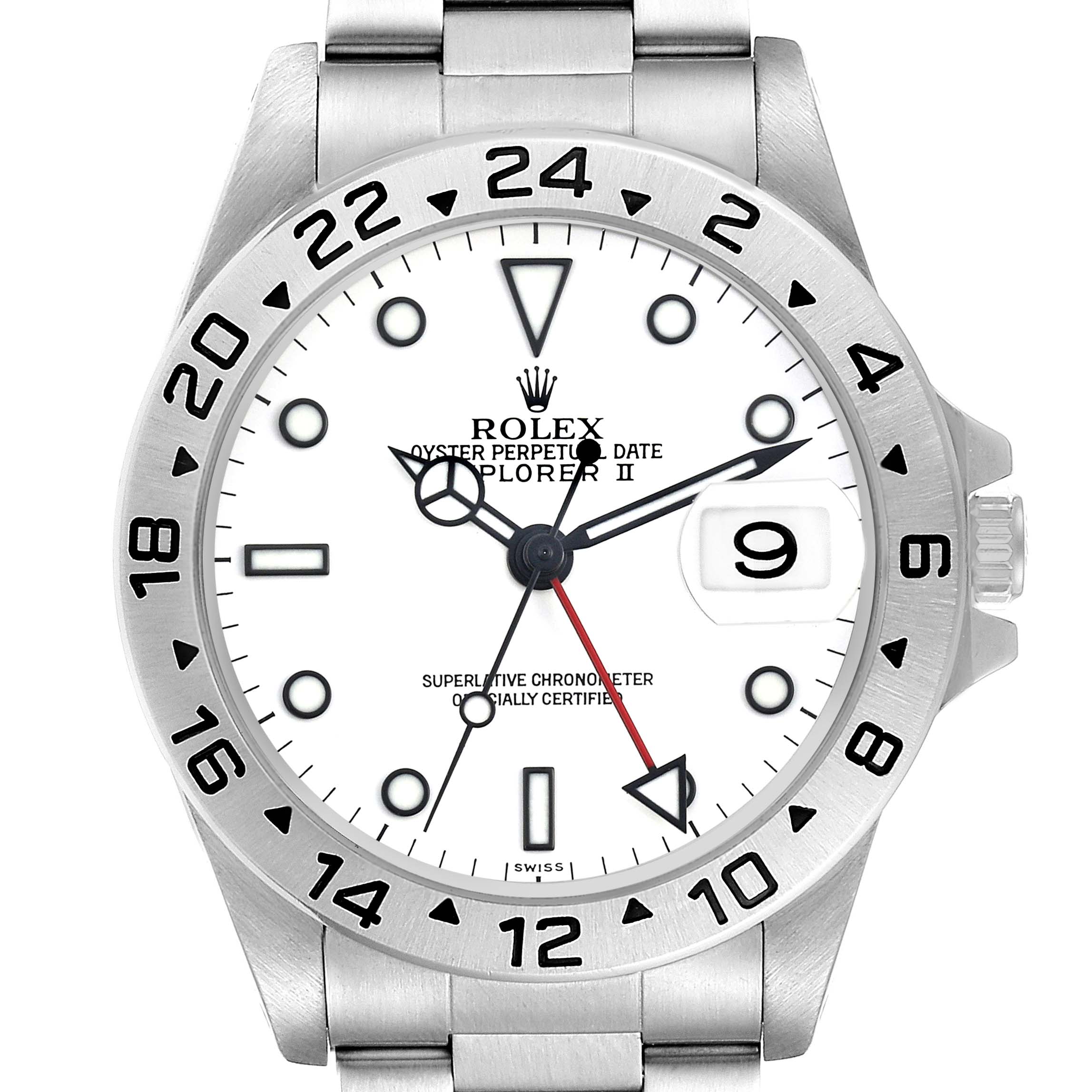 The Rolex Explorer 16570 Men's Stainless Steel White Dial 16570 Men's Stainless Steel White Dial is shown from the front, displaying the dial, hands, bezel, date window, crown, and part of the bracelet.