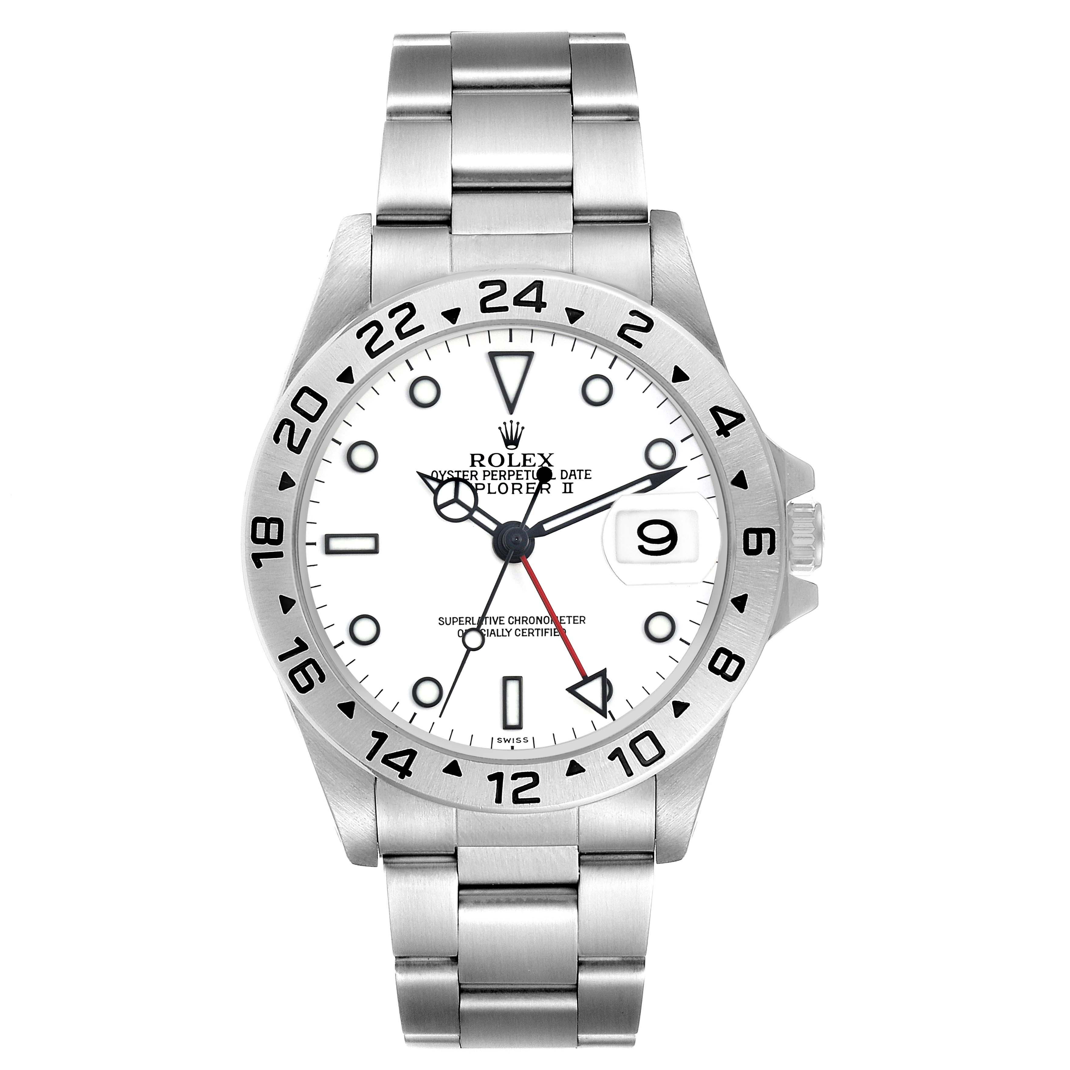 The Rolex Explorer 16570 Men's Stainless Steel White Dial 16570 Men's Stainless Steel White Dial watch is shown from a front angle, displaying its face, bezel, bracelet, and crown.